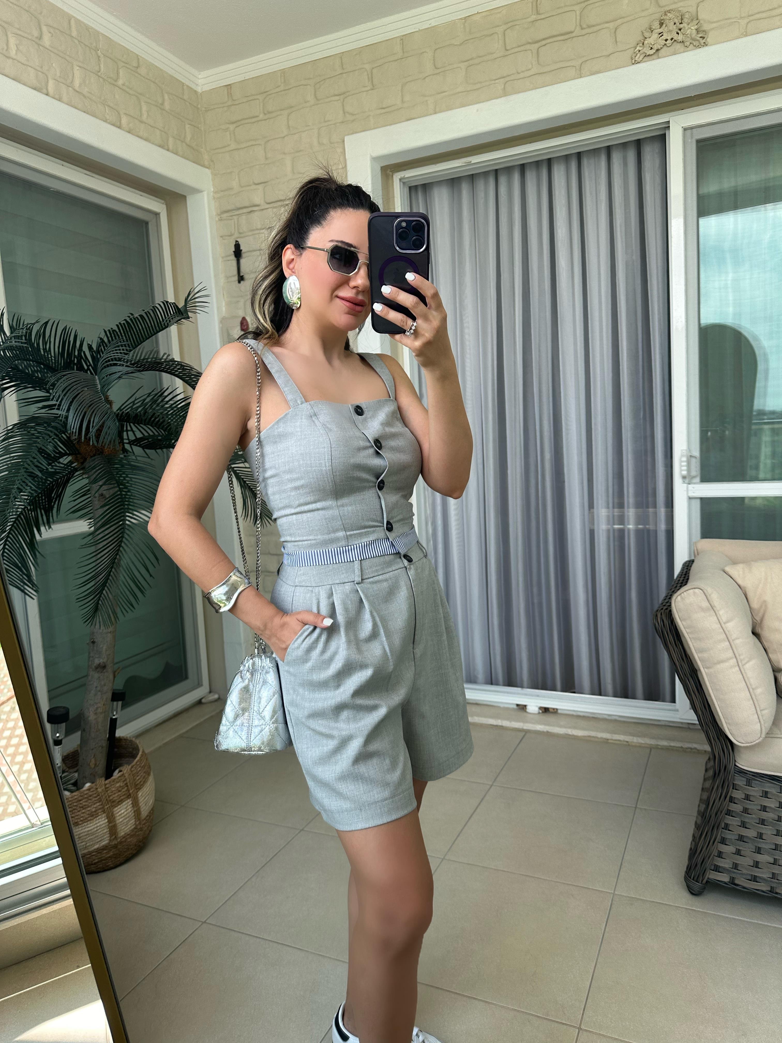Gri Askılı Şort Bluz Takım
