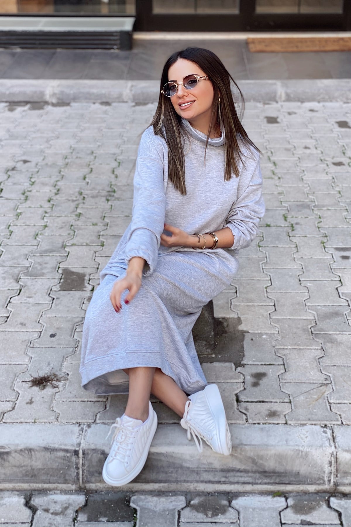 Gri Balıkçı Yaka Oversize Elbise