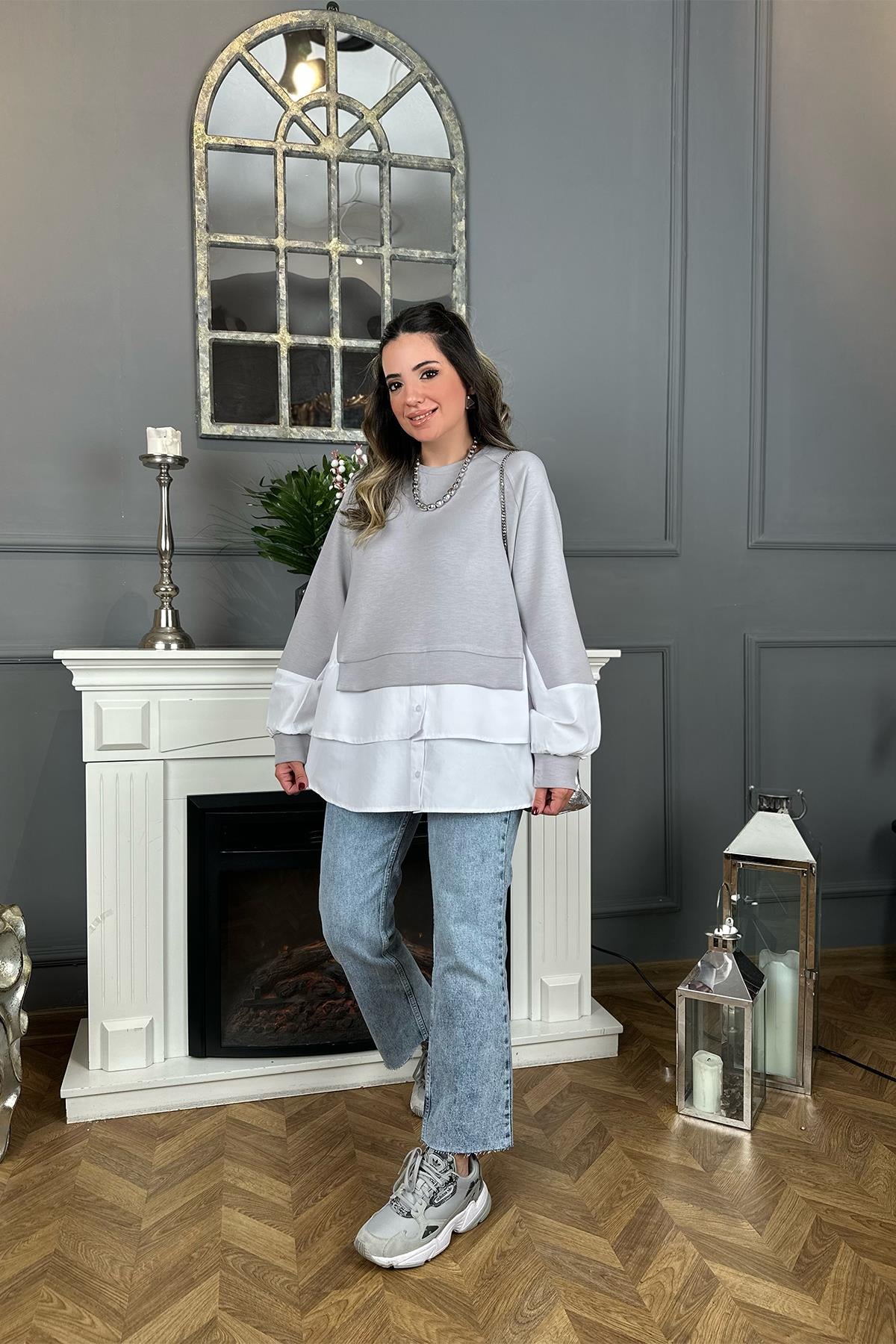 Gri Gömlek Detaylı Sweatshirt