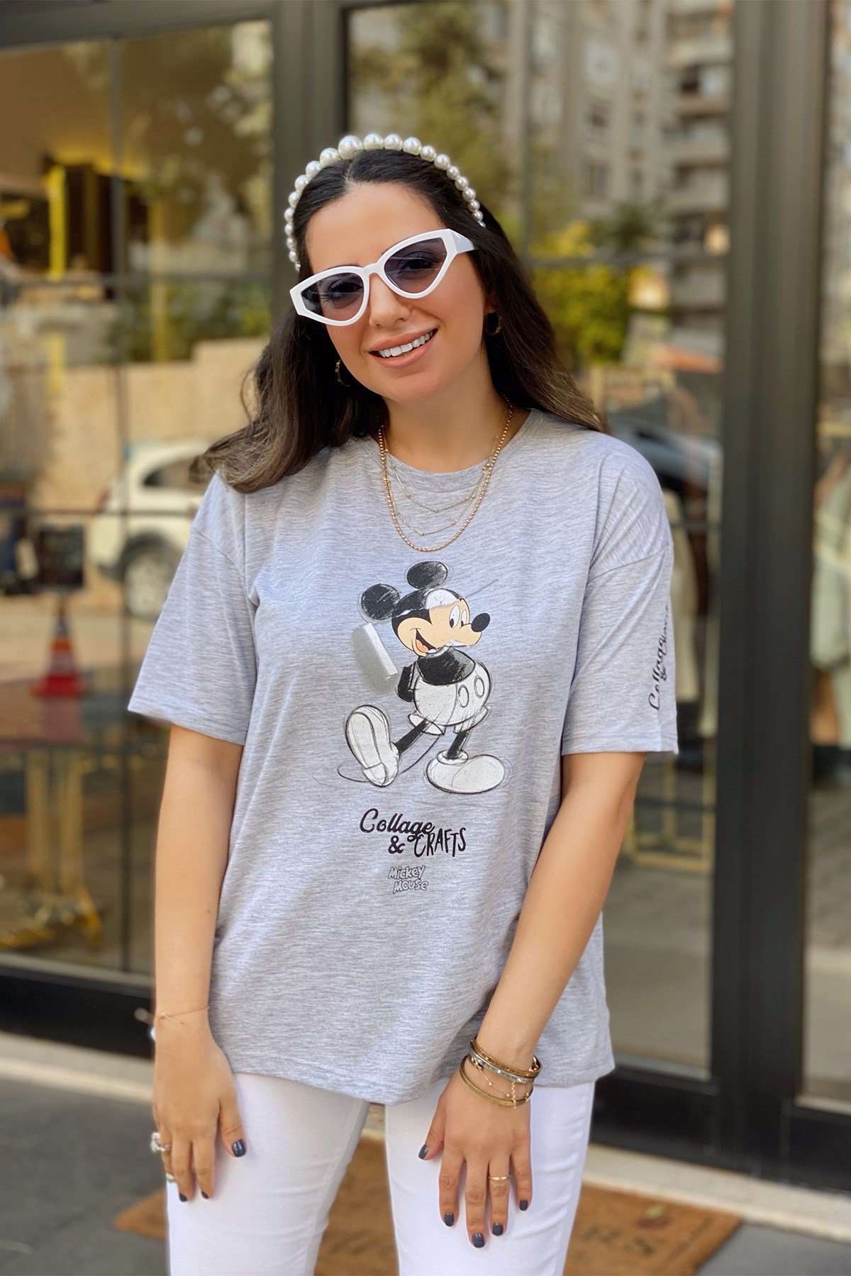 Gri Mickey Detaylı Tshirt