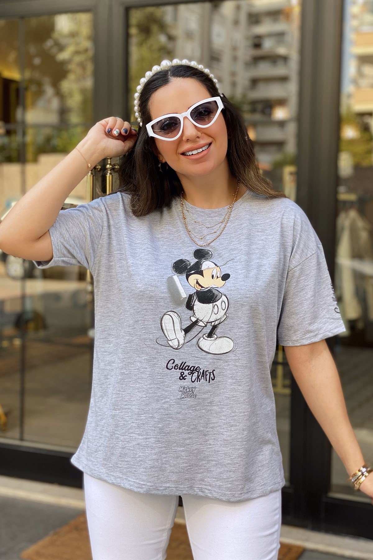 Gri Mickey Detaylı Tshirt