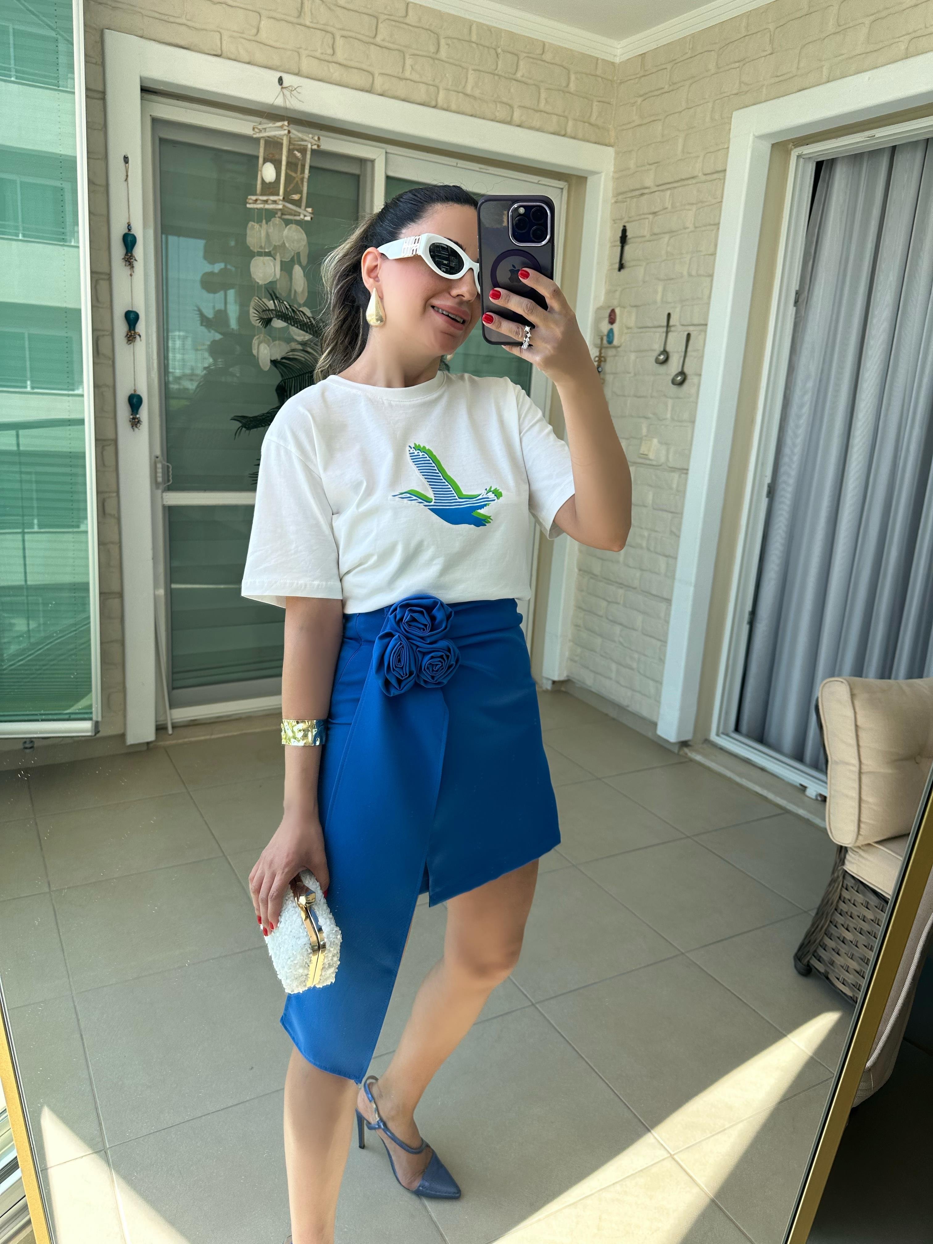 Gül Detaylı Saks Mavi Etek