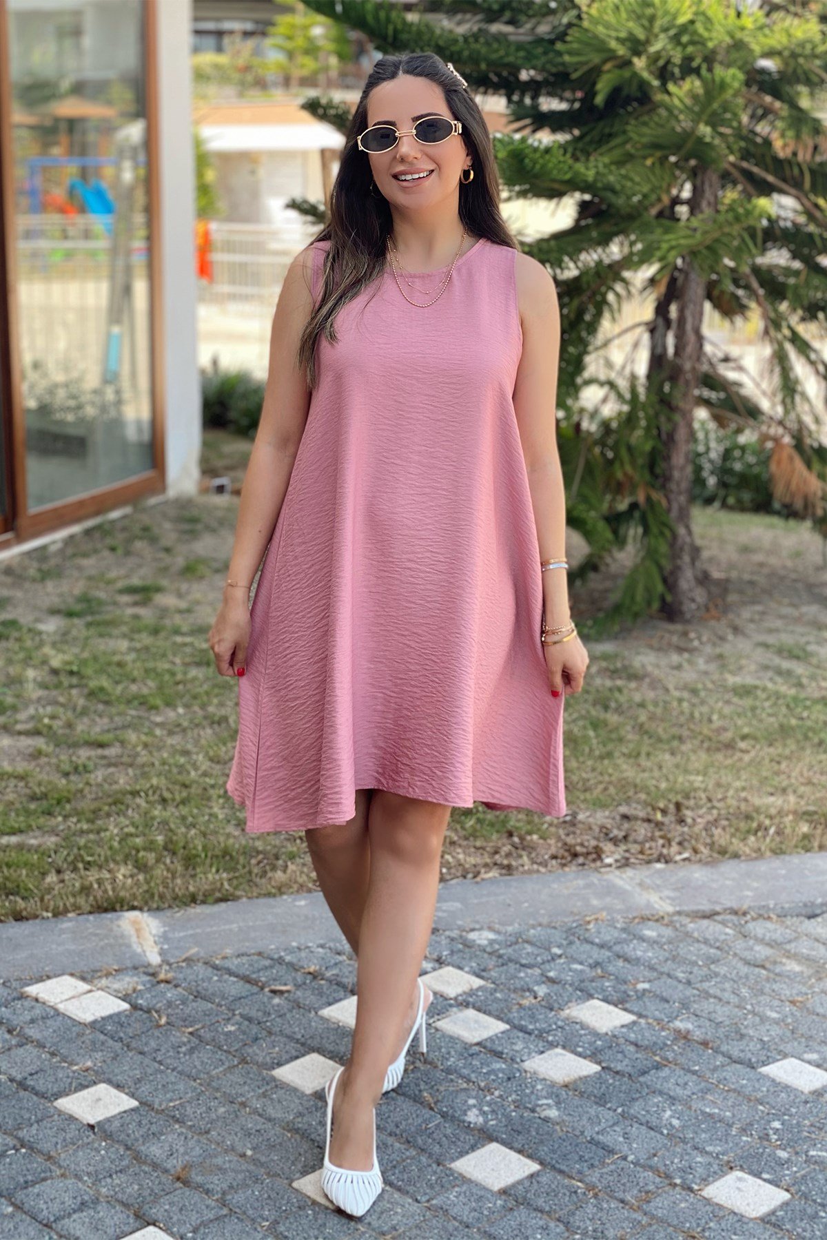 Gülkurusu Asimetrik Kesim Keten Elbise