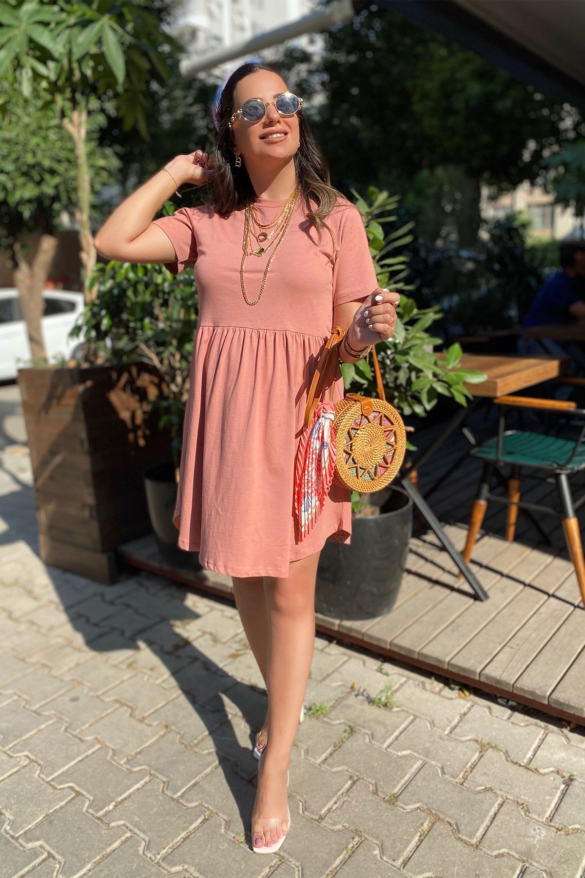 Gülkurusu Sıfır Yaka Penye Elbise