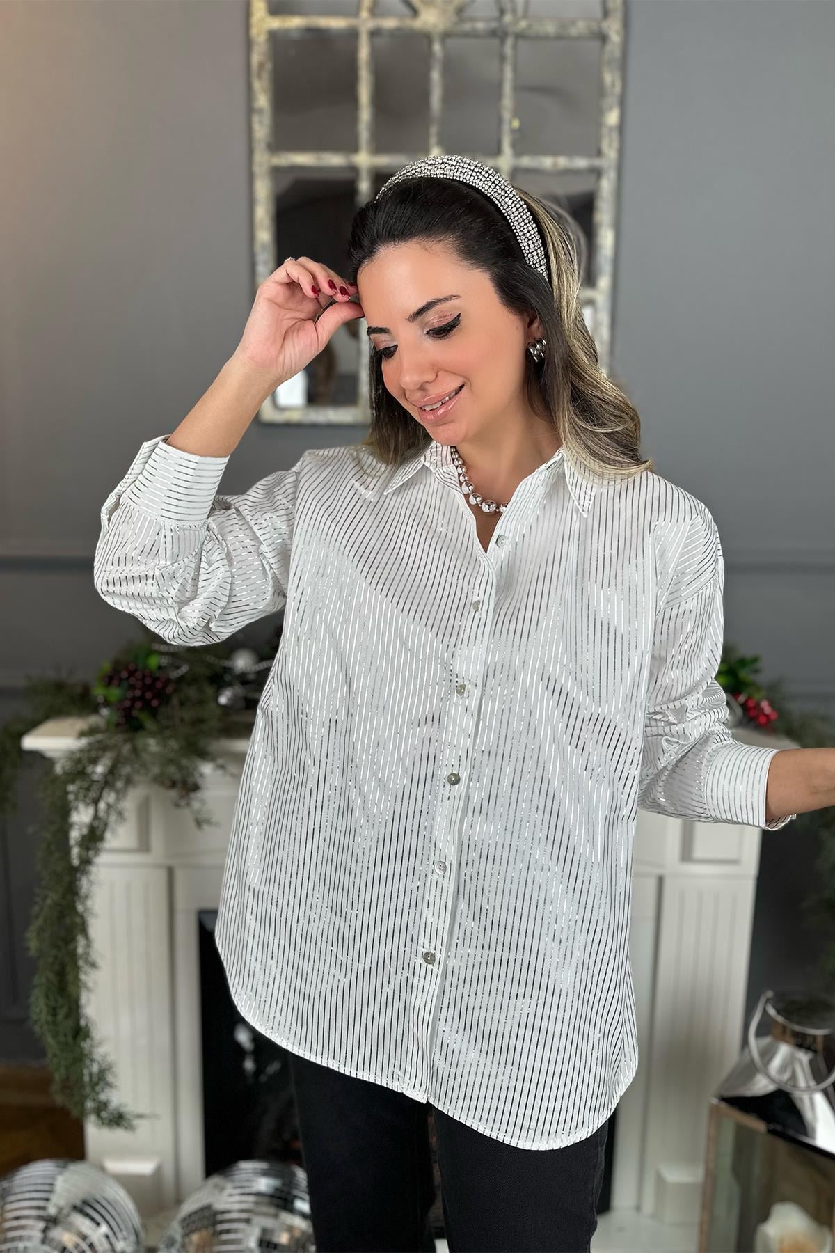 Gümüş Çizgili Poplin Gömlek