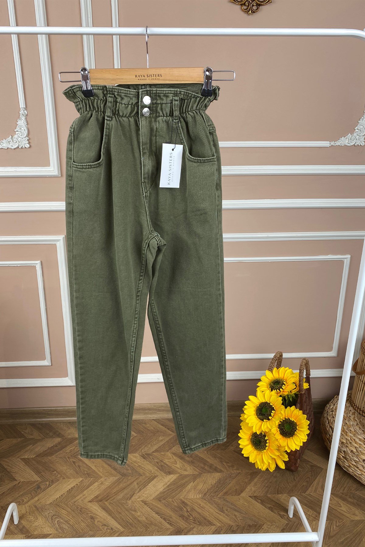 Haki Beli Lastikli Mom Pantolon