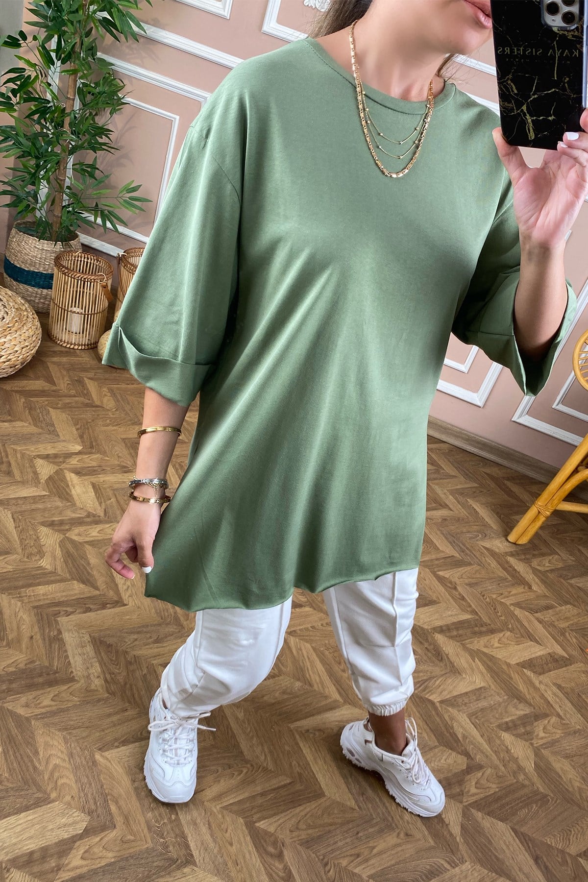Haki Yeşil Basic Uzun Boyfriend Tshirt