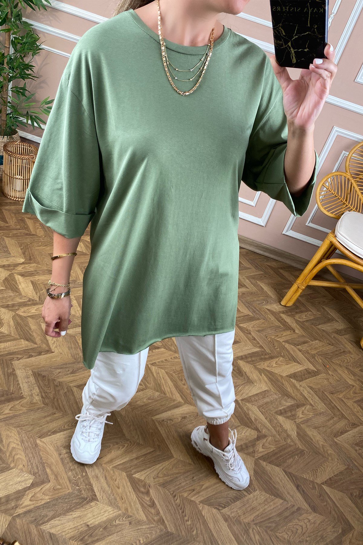Haki Yeşil Basic Uzun Boyfriend Tshirt