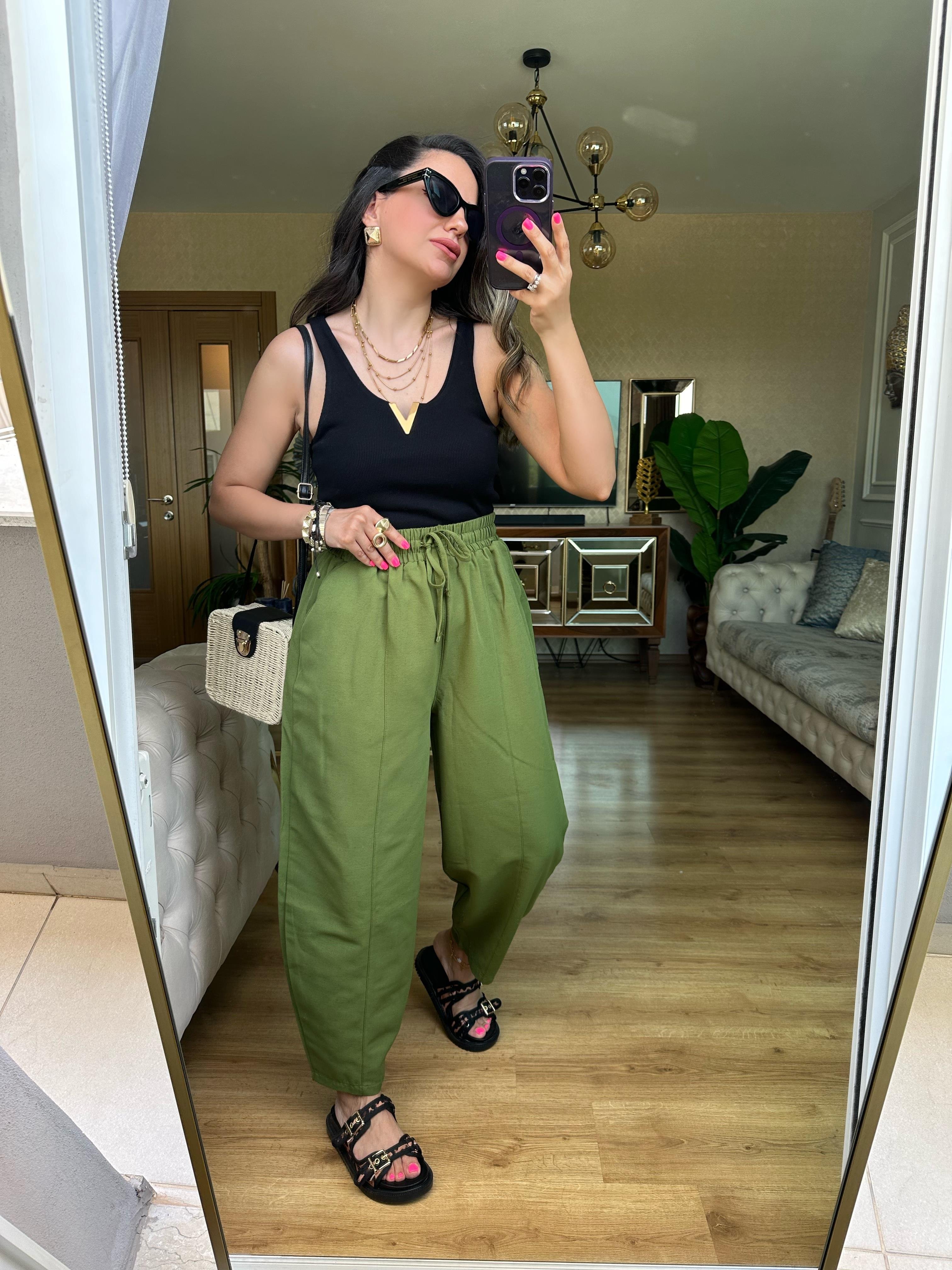 Haki Yeşil Beli Lastikli Keten Pantolon