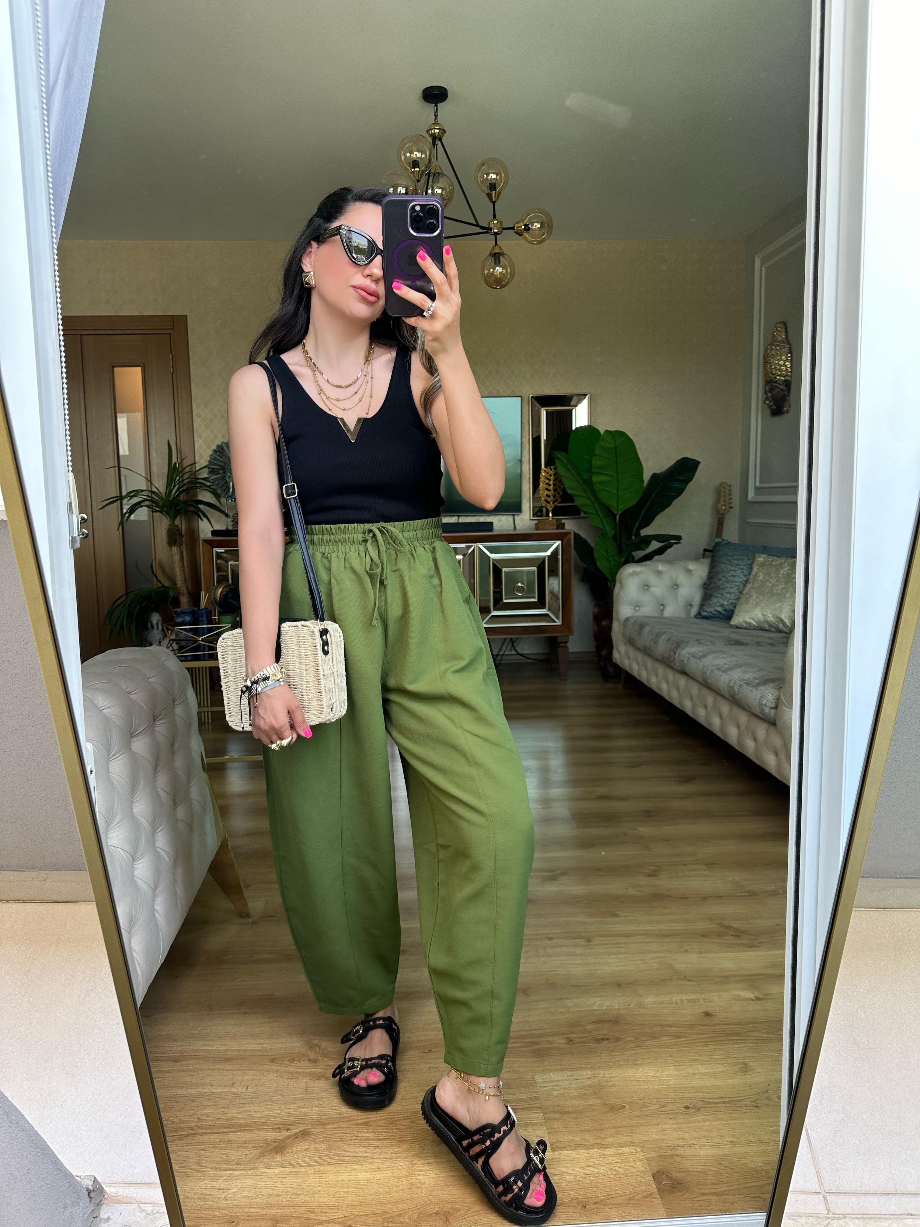 Haki Yeşil Beli Lastikli Keten Pantolon