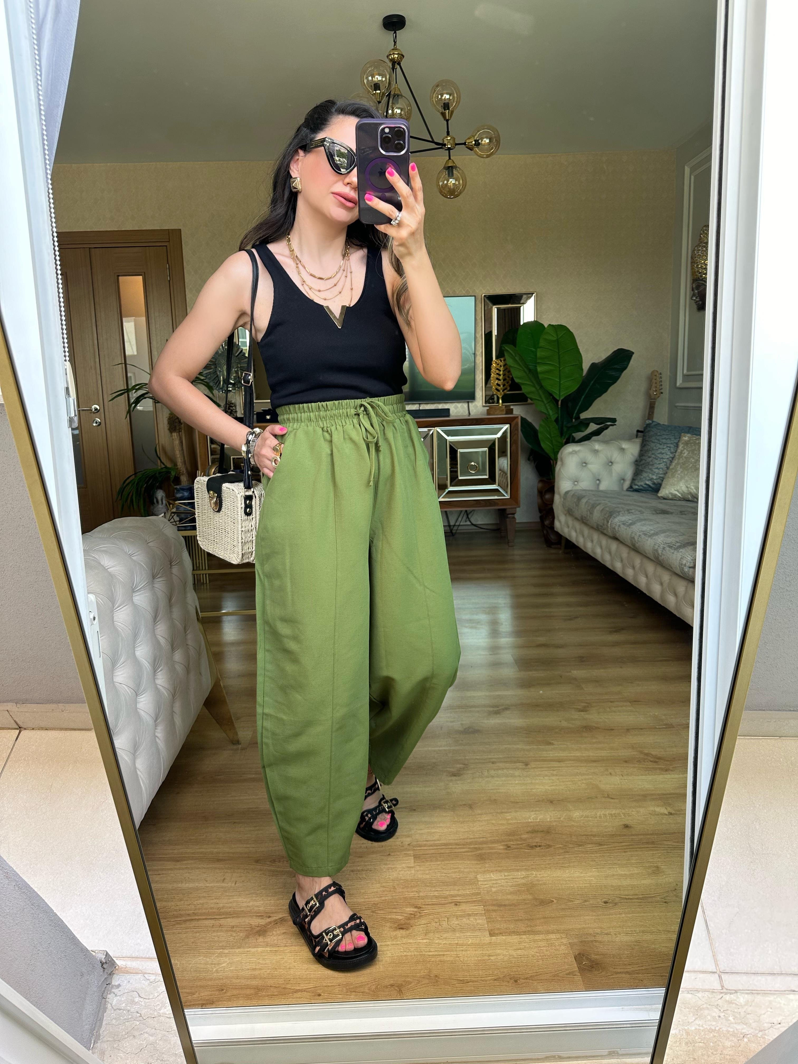 Haki Yeşil Beli Lastikli Keten Pantolon