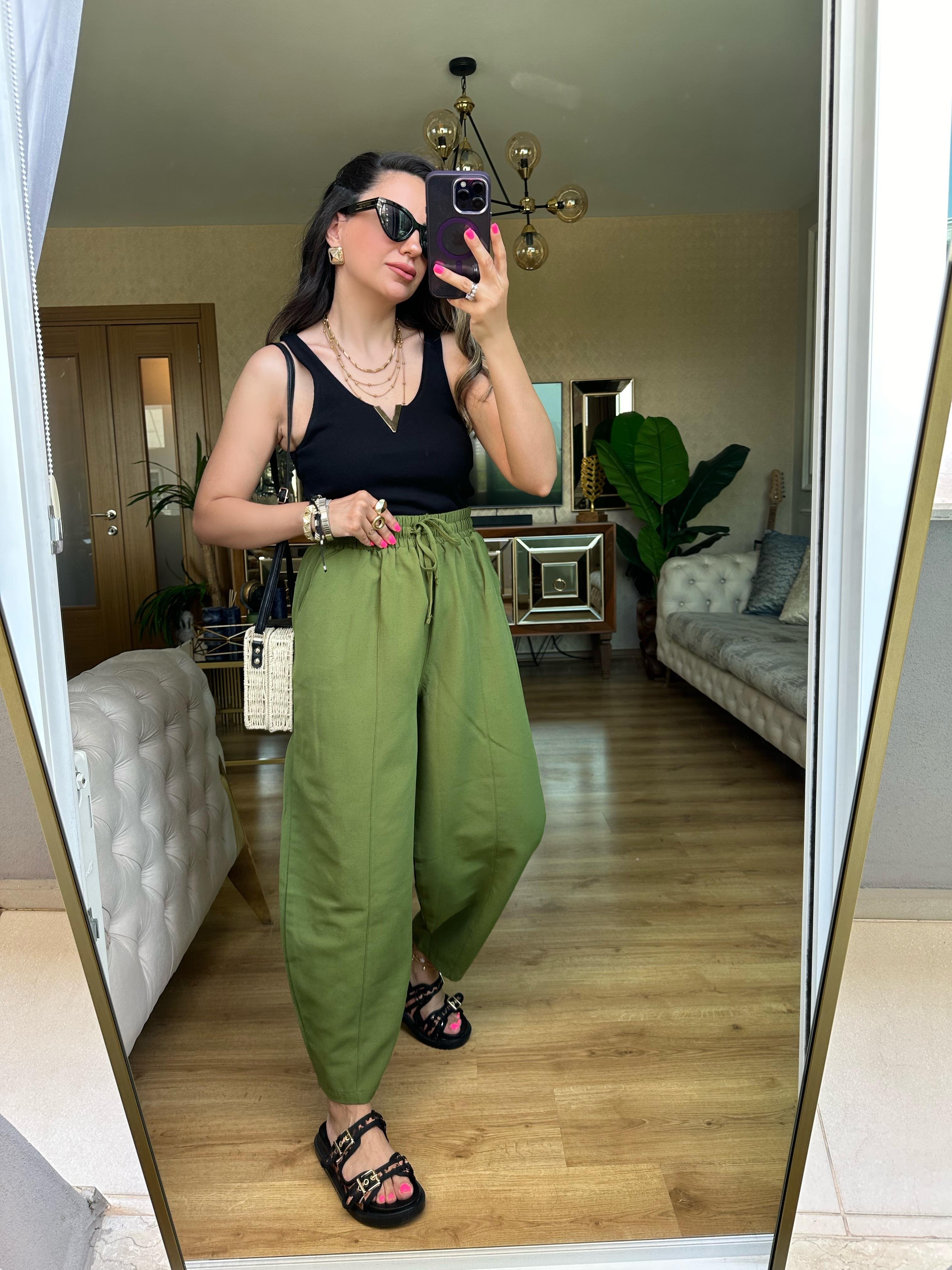 Haki Yeşil Beli Lastikli Keten Pantolon