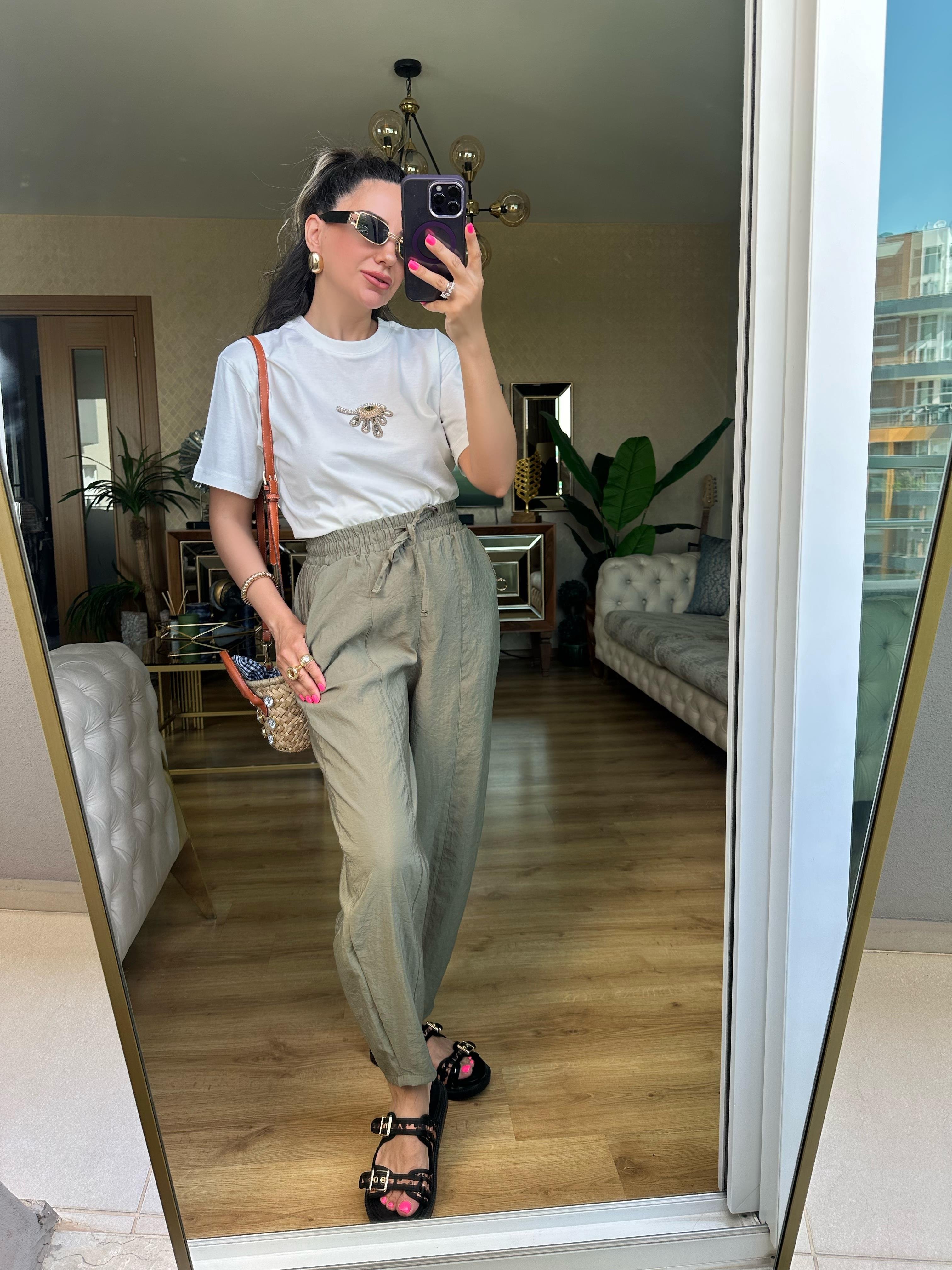 Haki Yeşil Beli Lastikli Pantolon