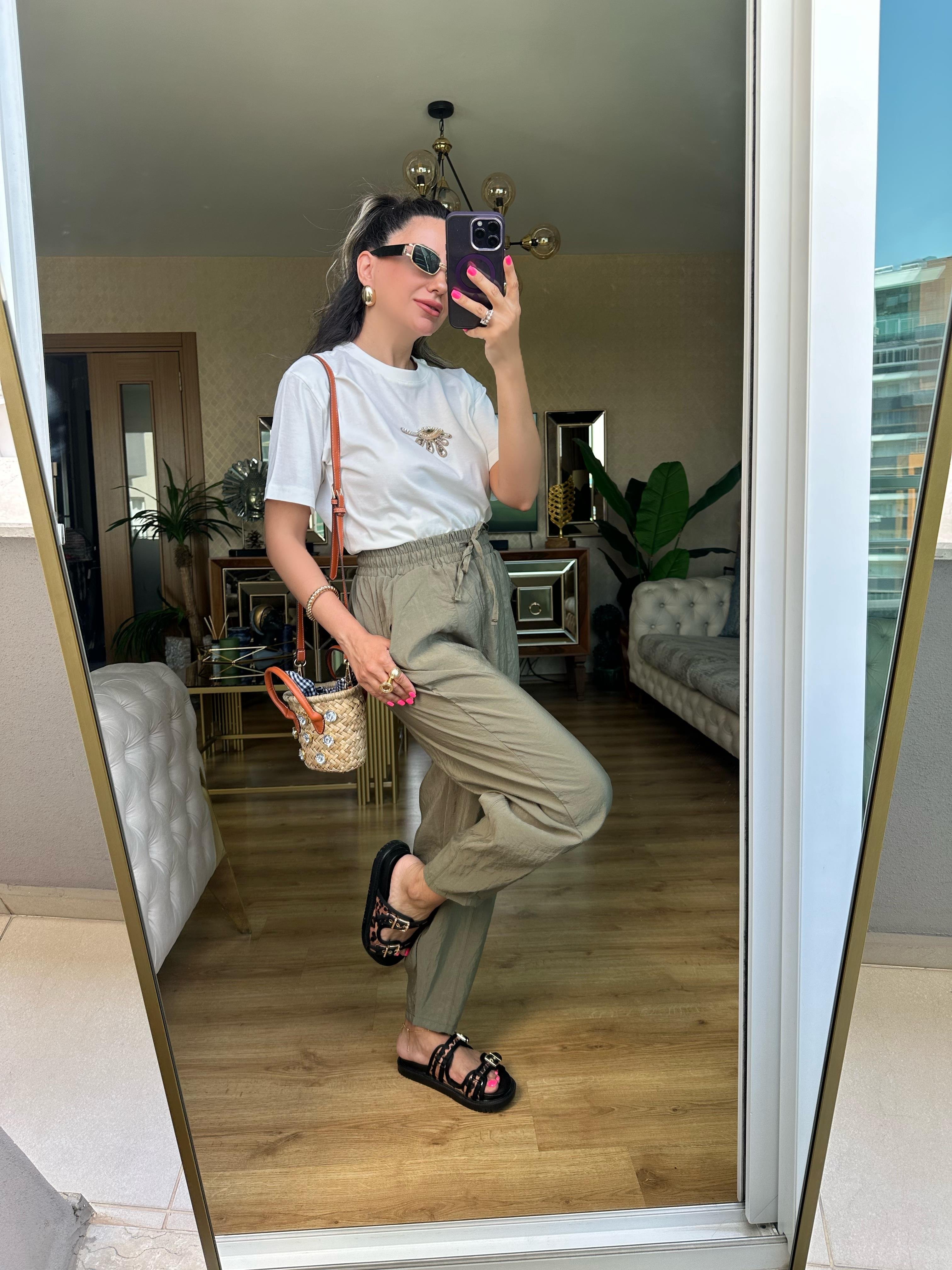 Haki Yeşil Beli Lastikli Pantolon