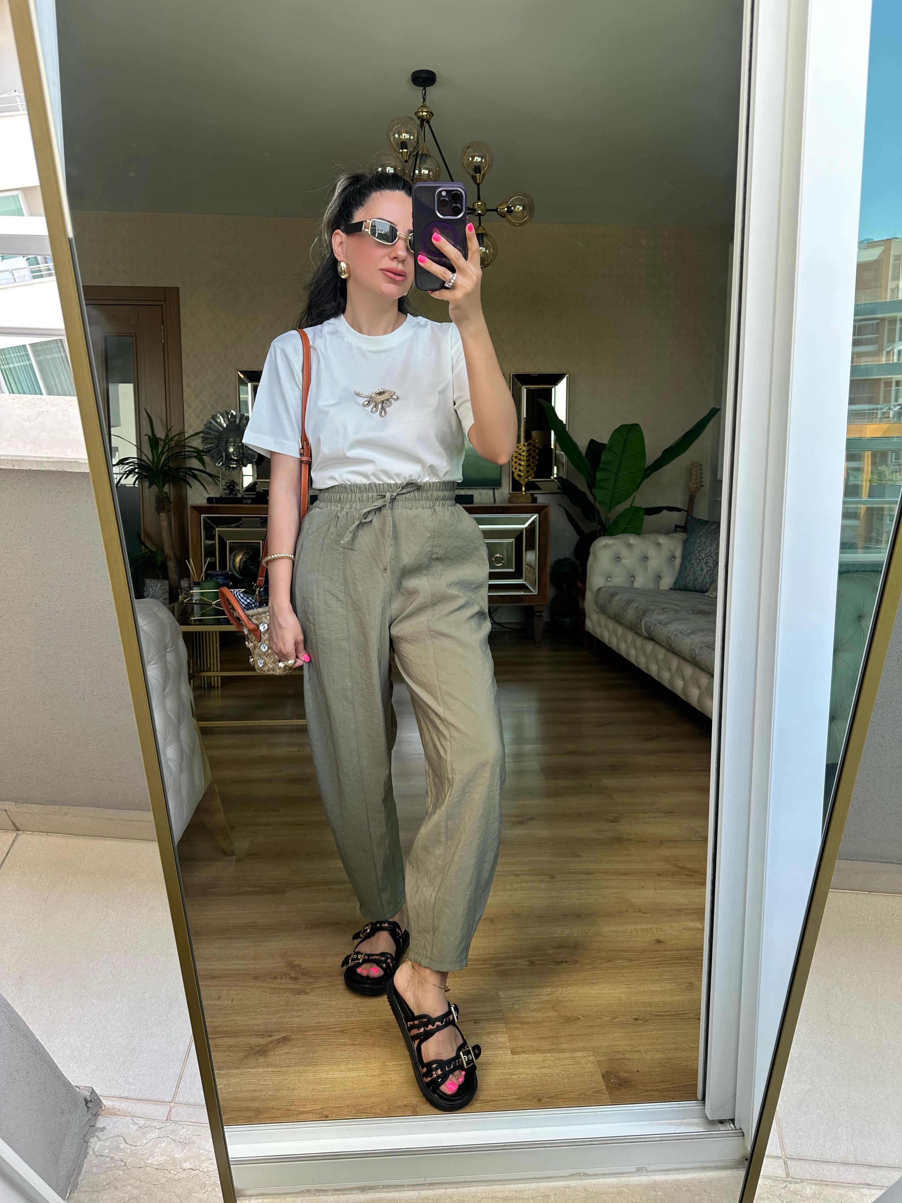 Haki Yeşil Beli Lastikli Pantolon