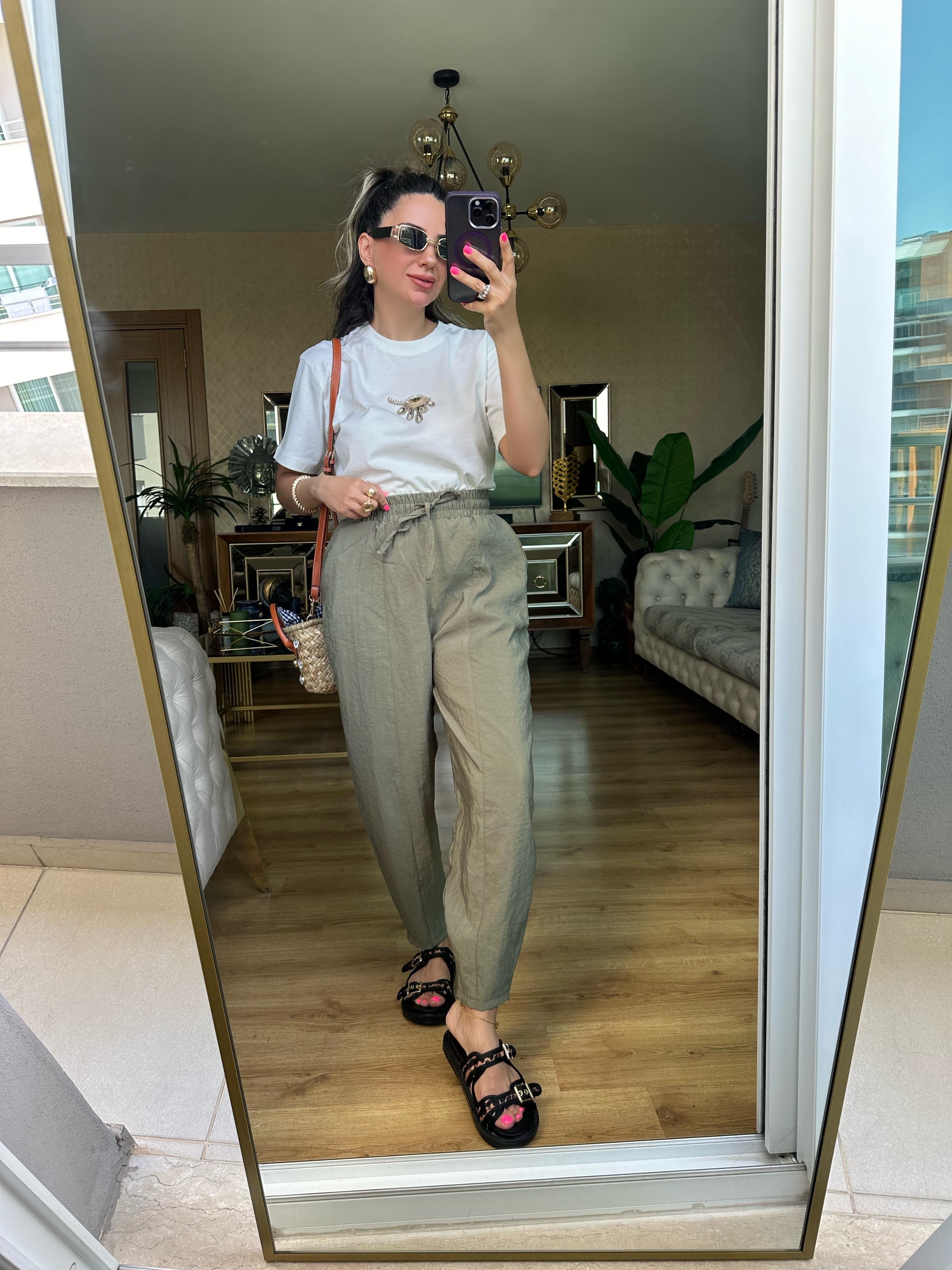 Haki Yeşil Beli Lastikli Pantolon