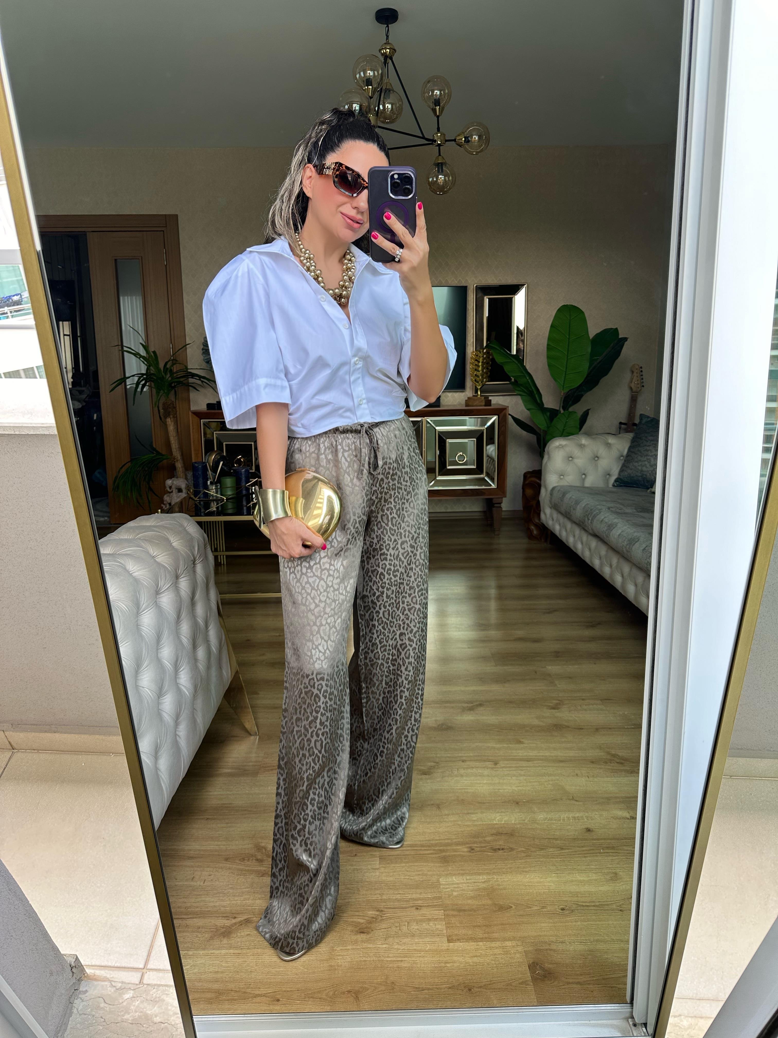 Haki Yeşil Kendinden Desenli Saten Pantolon