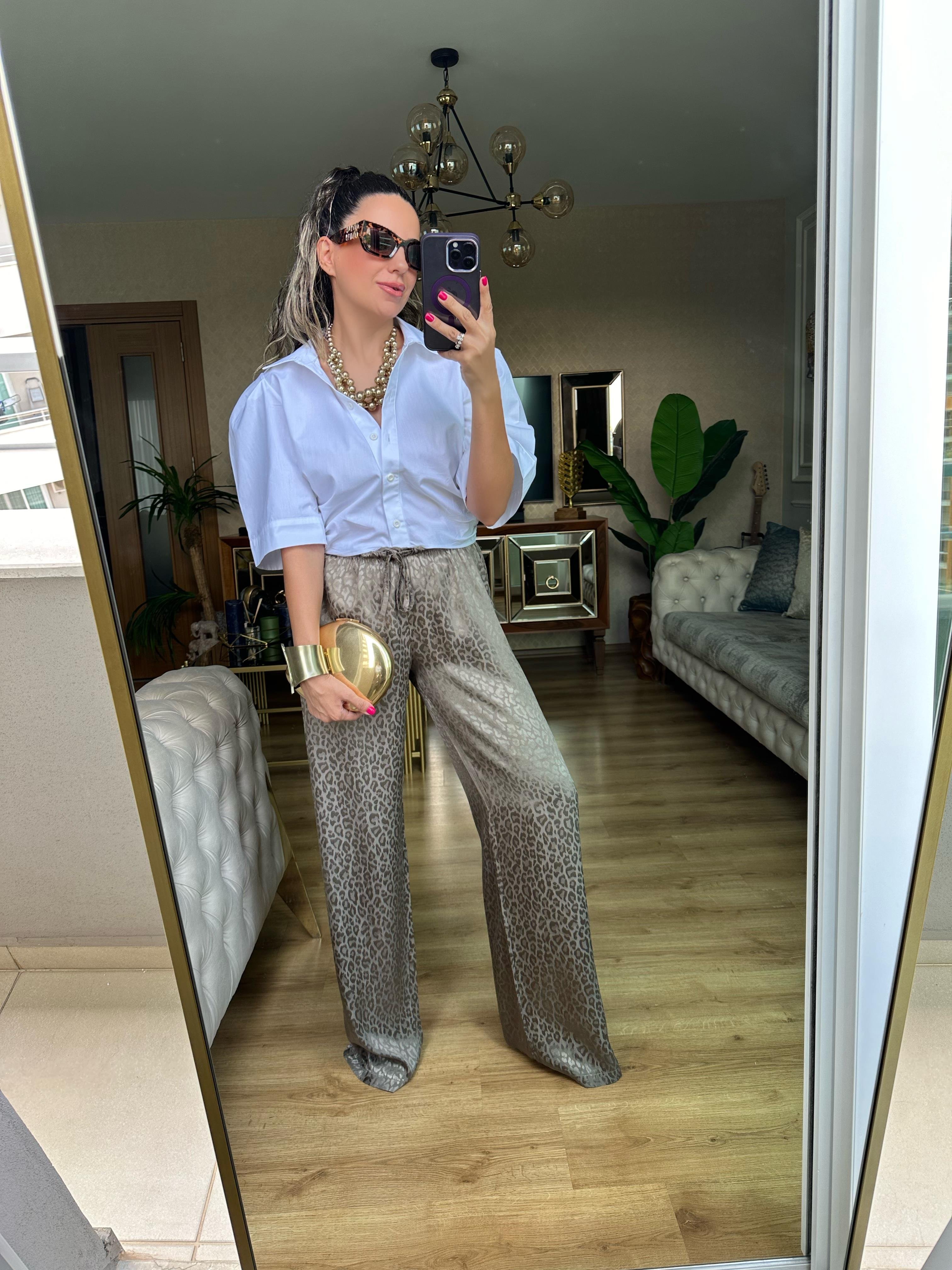 Haki Yeşil Kendinden Desenli Saten Pantolon