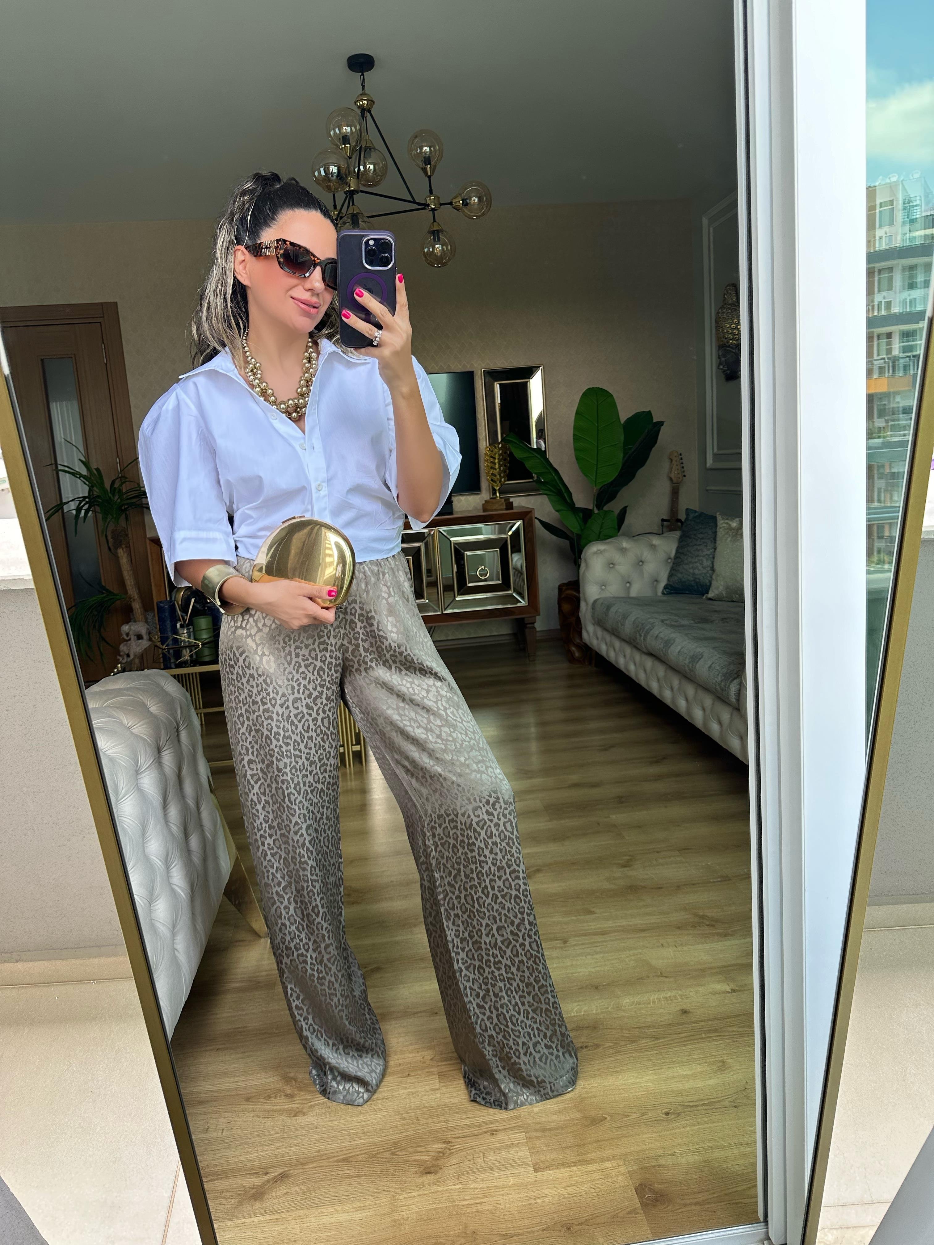 Haki Yeşil Kendinden Desenli Saten Pantolon