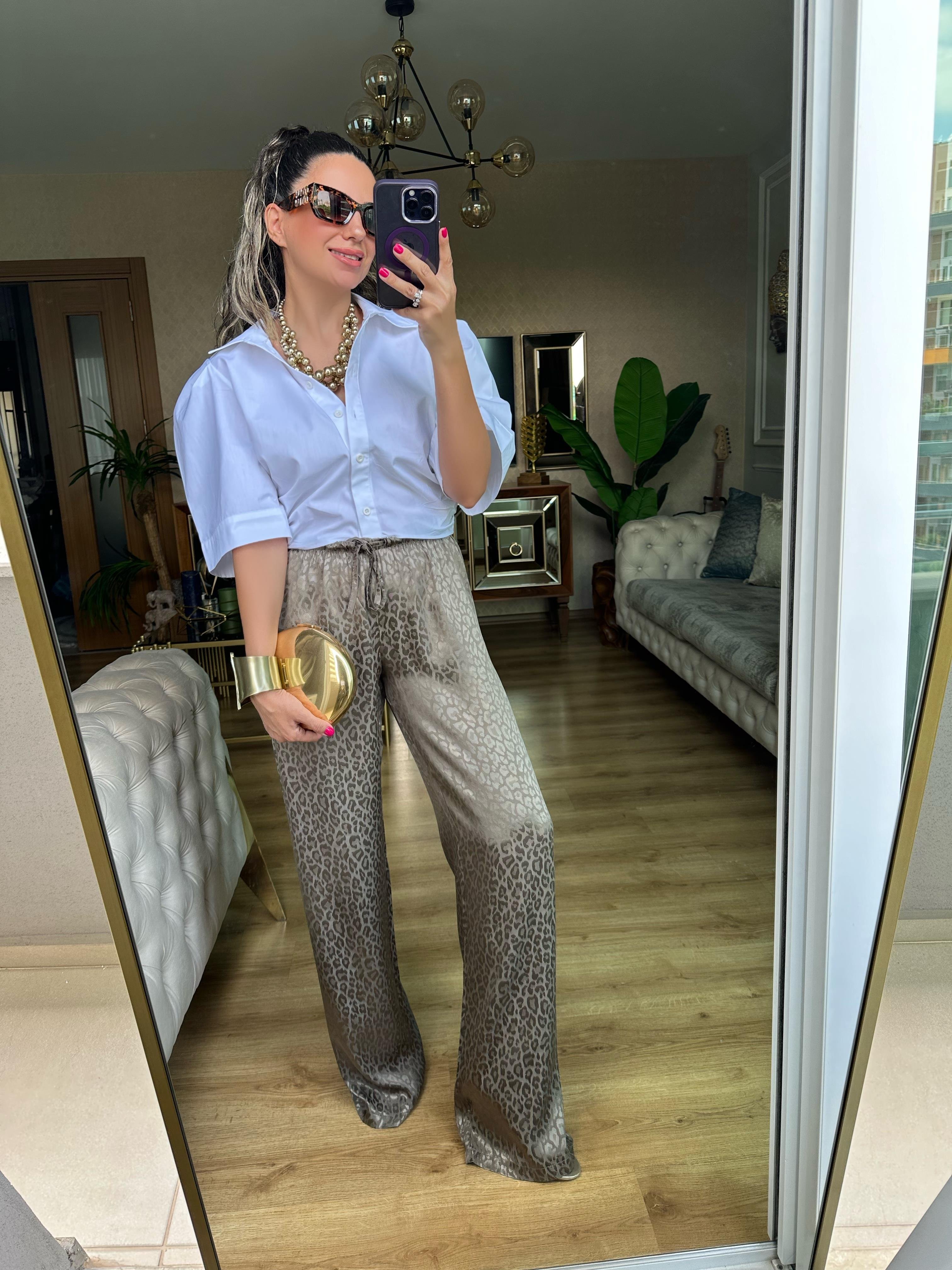 Haki Yeşil Kendinden Desenli Saten Pantolon