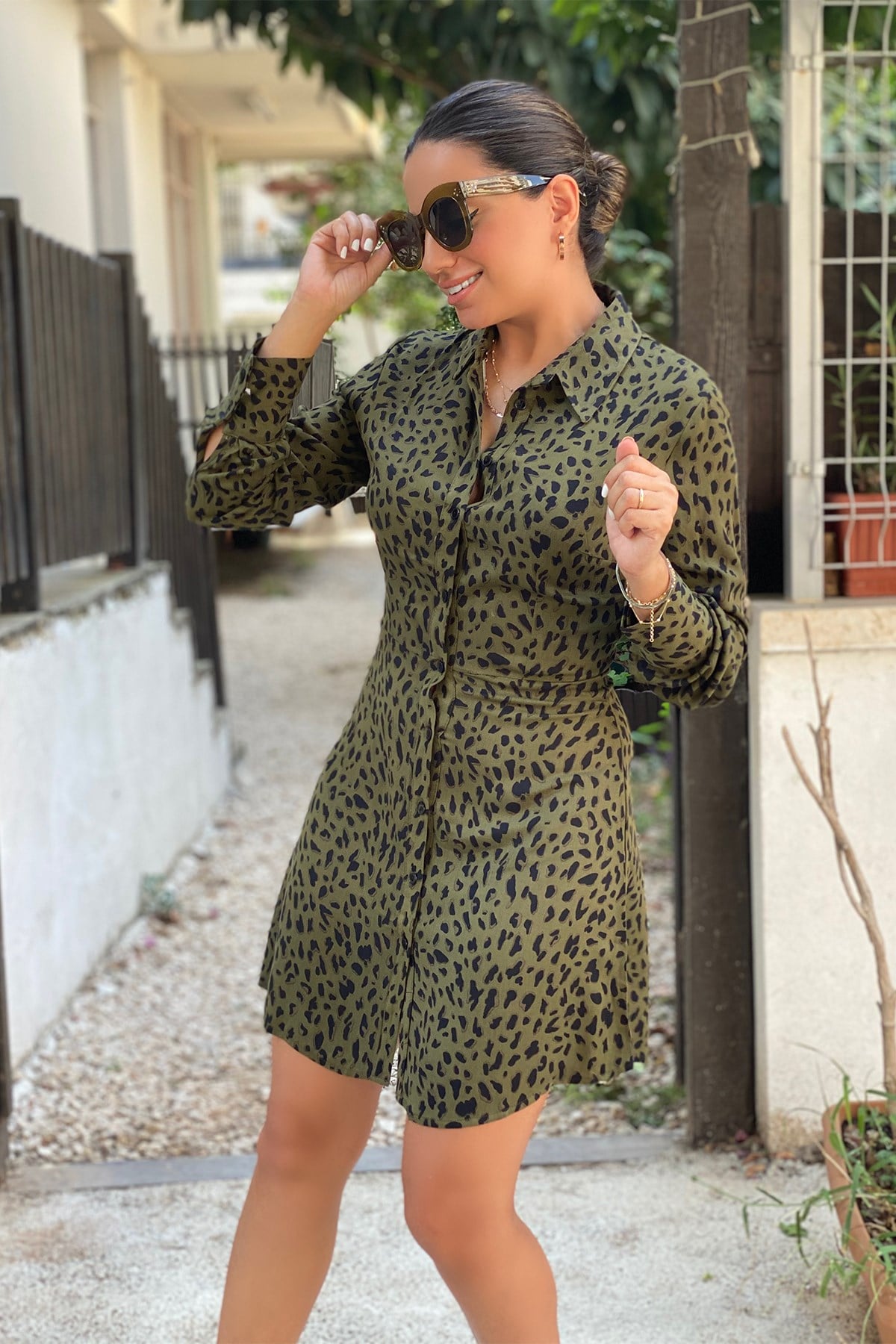 Haki Yeşil Leopar Gömlek Elbise