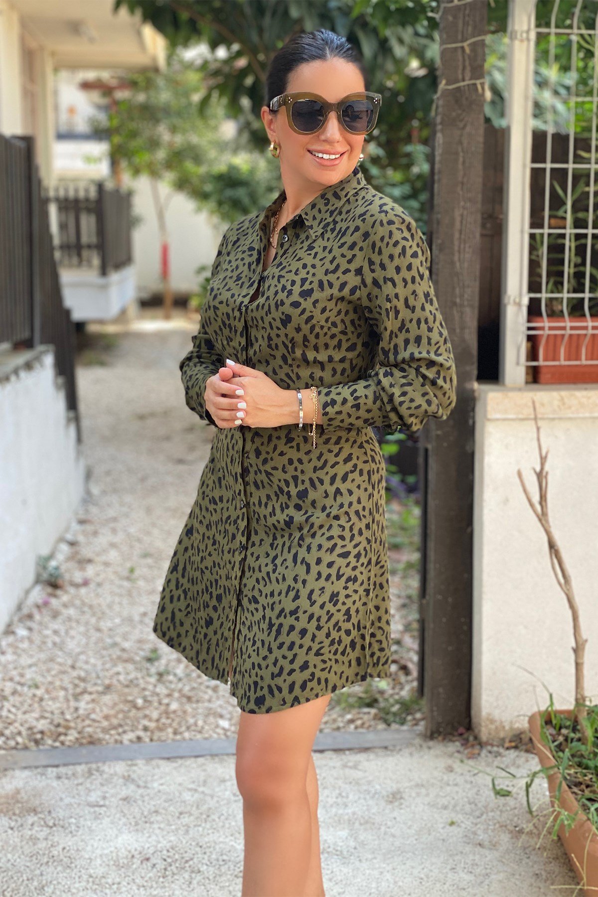 Haki Yeşil Leopar Gömlek Elbise