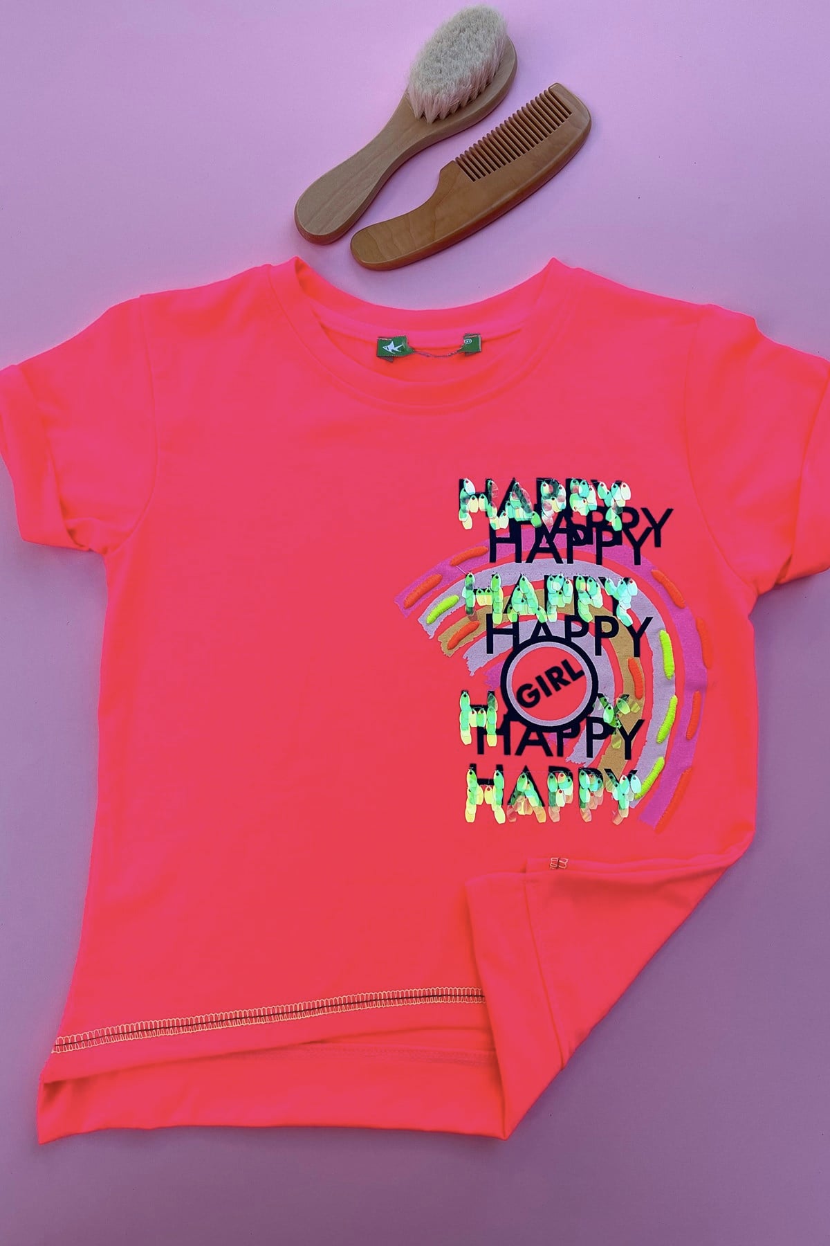 Happy Baskılı Pembe Tshirt