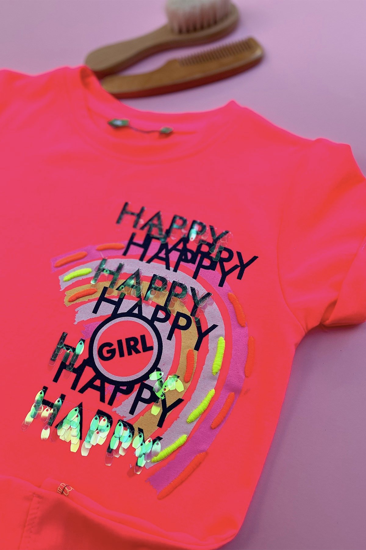 Happy Baskılı Pembe Tshirt