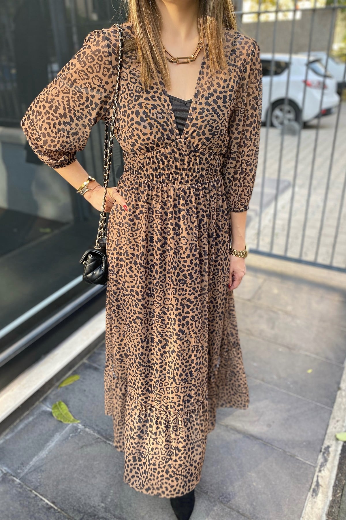 İçi Astarlı Leopar Uzun Elbise