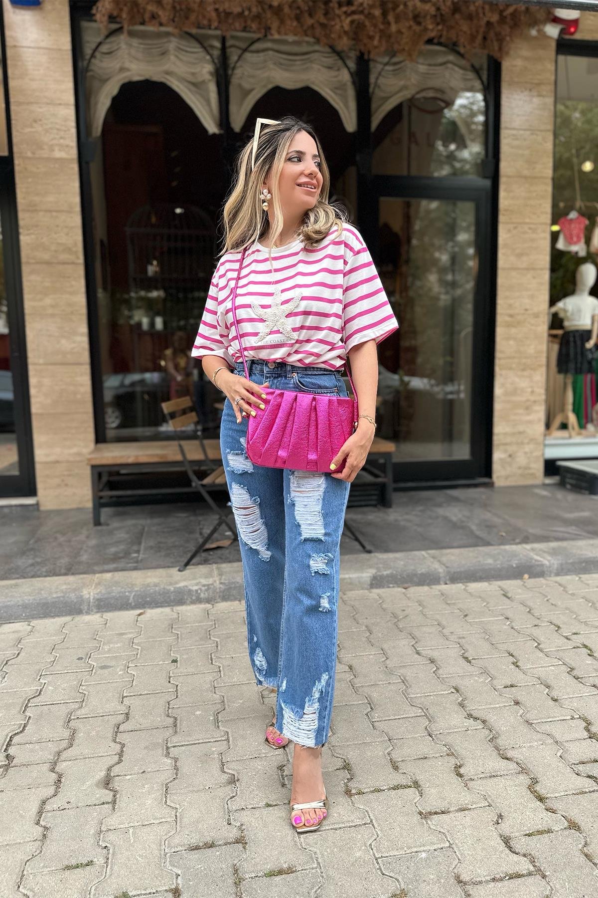 İnci Detaylı Pembe Çizgili Tshirt