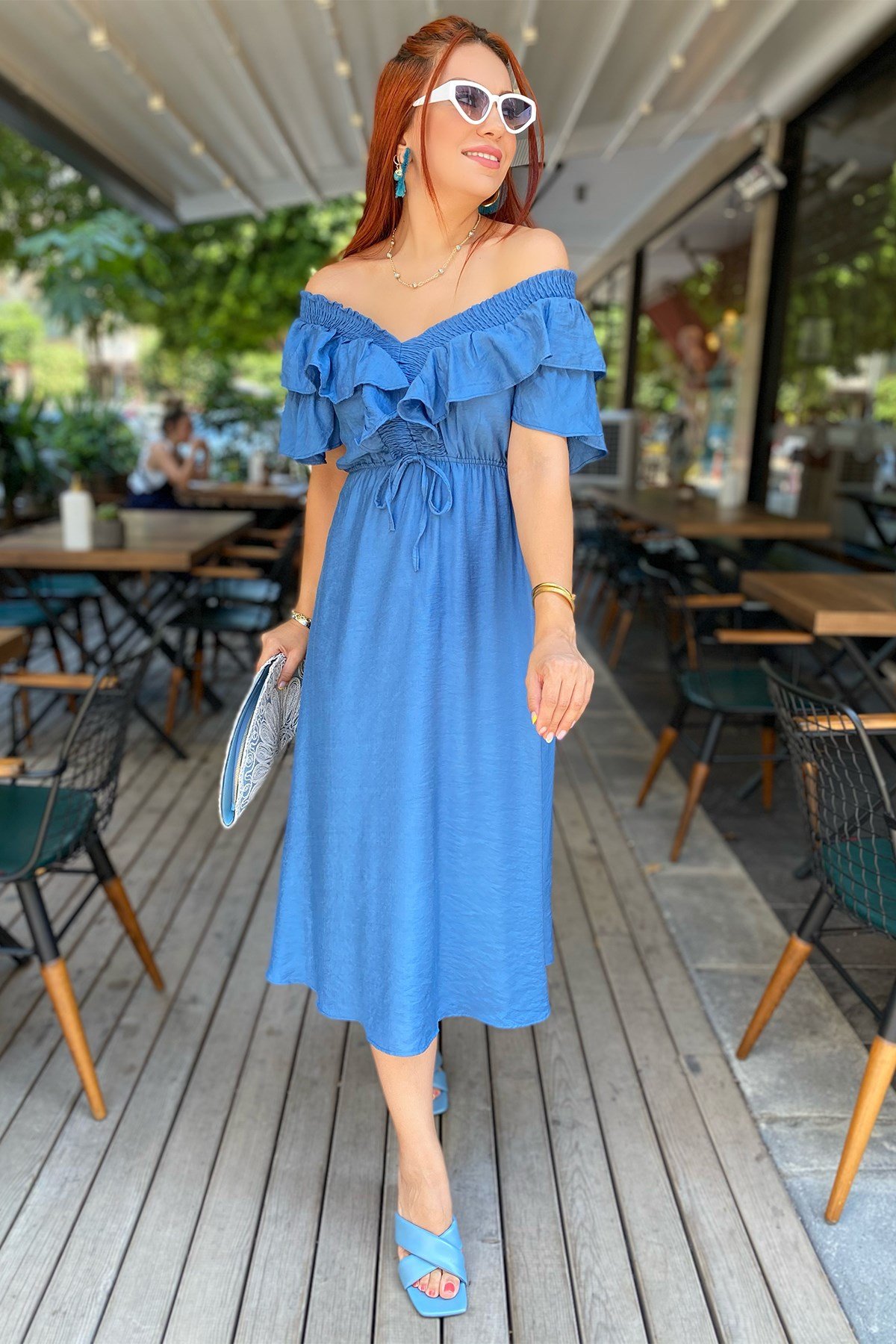 İndigo Mavi Omuz Volanlı Elbise