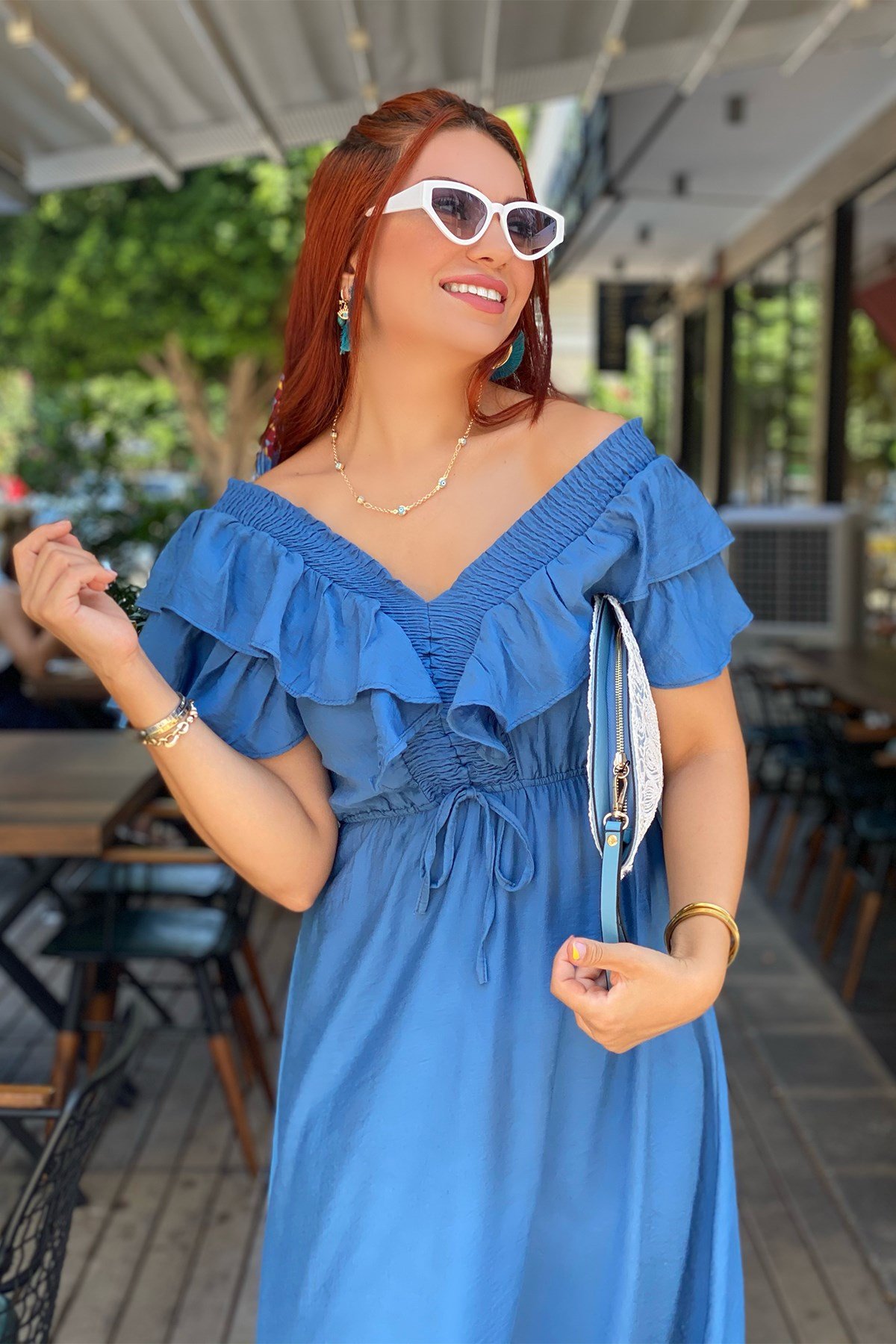 İndigo Mavi Omuz Volanlı Elbise