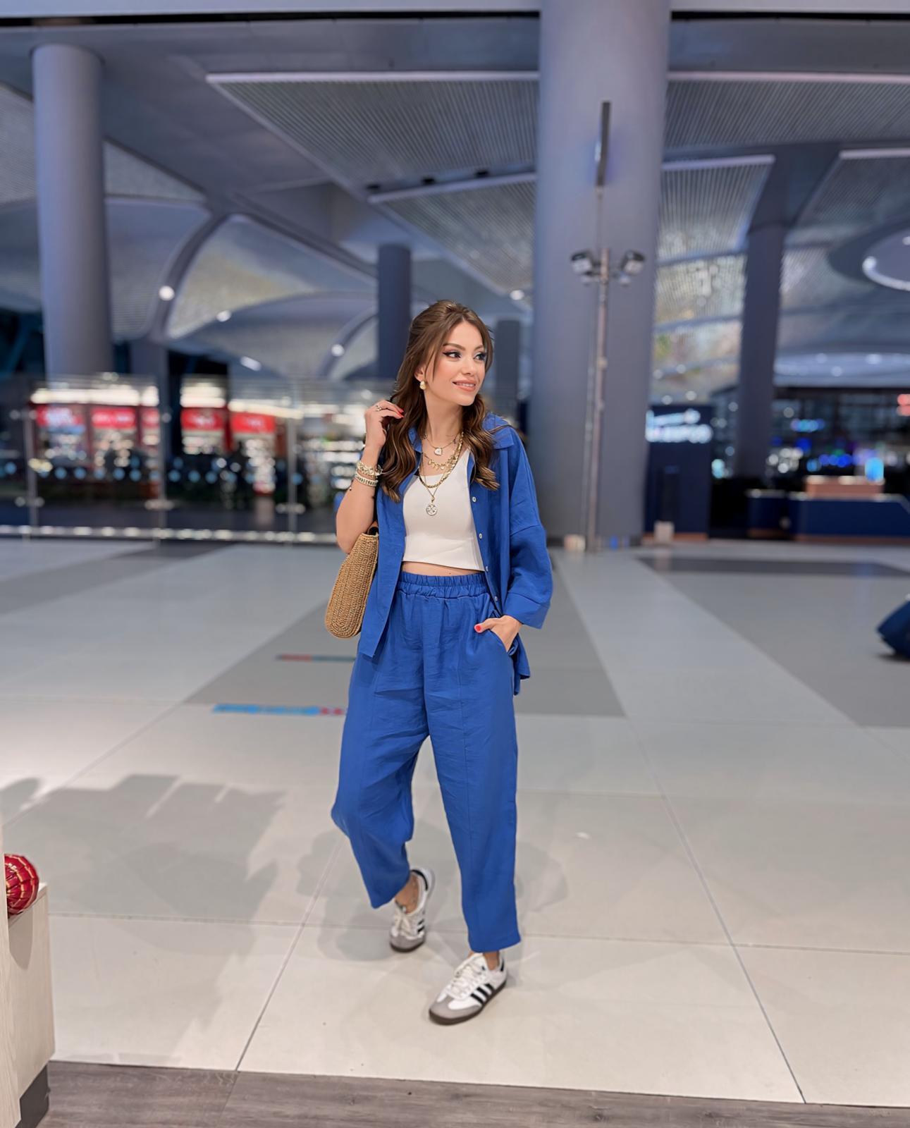 İndigo Mavi Tensel Pantolon Gömlek Takım