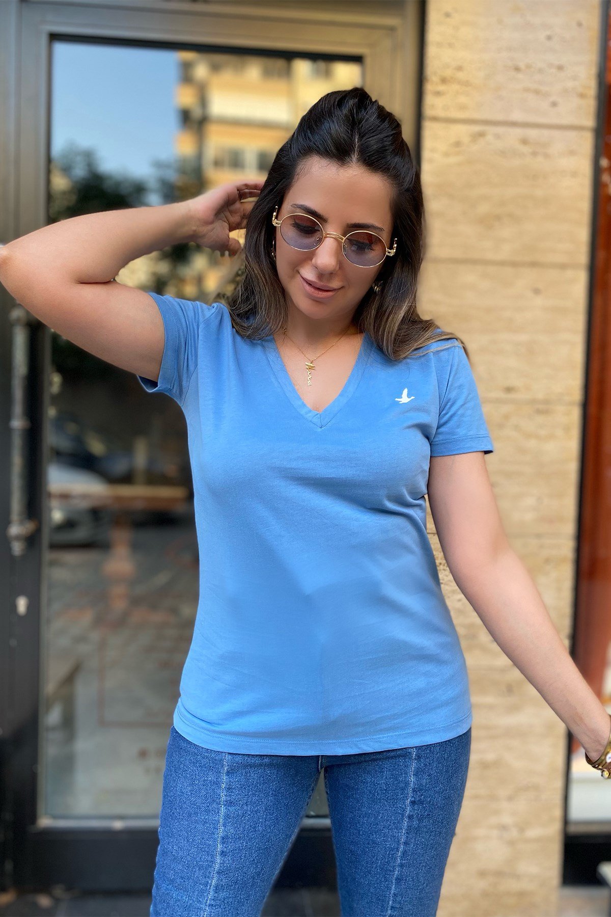 İndigo Mavi V Yaka Orjinal Tshirt