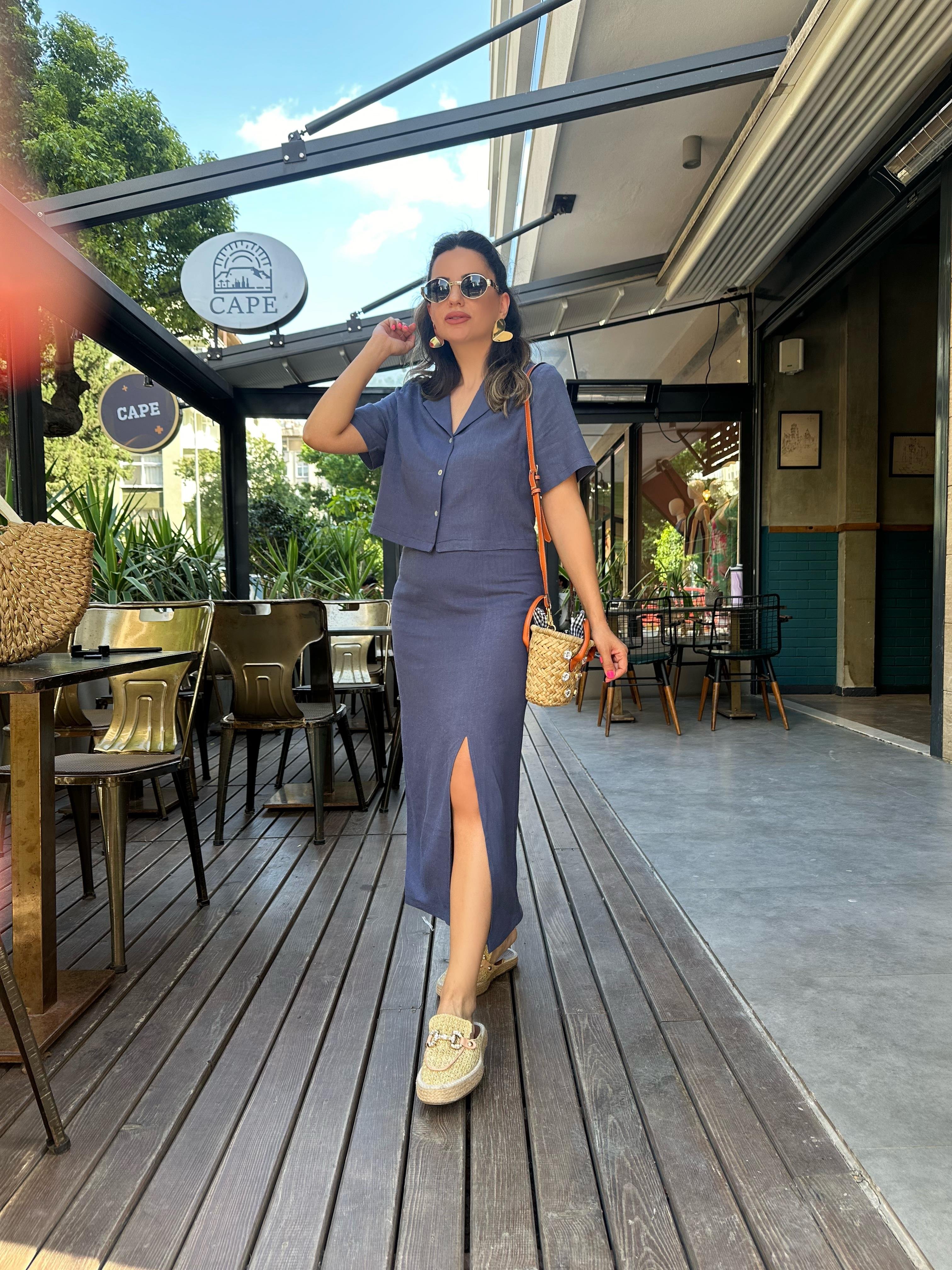 İndigo Mavi Yırtmaçlı Keten Etek Gömlek Takım