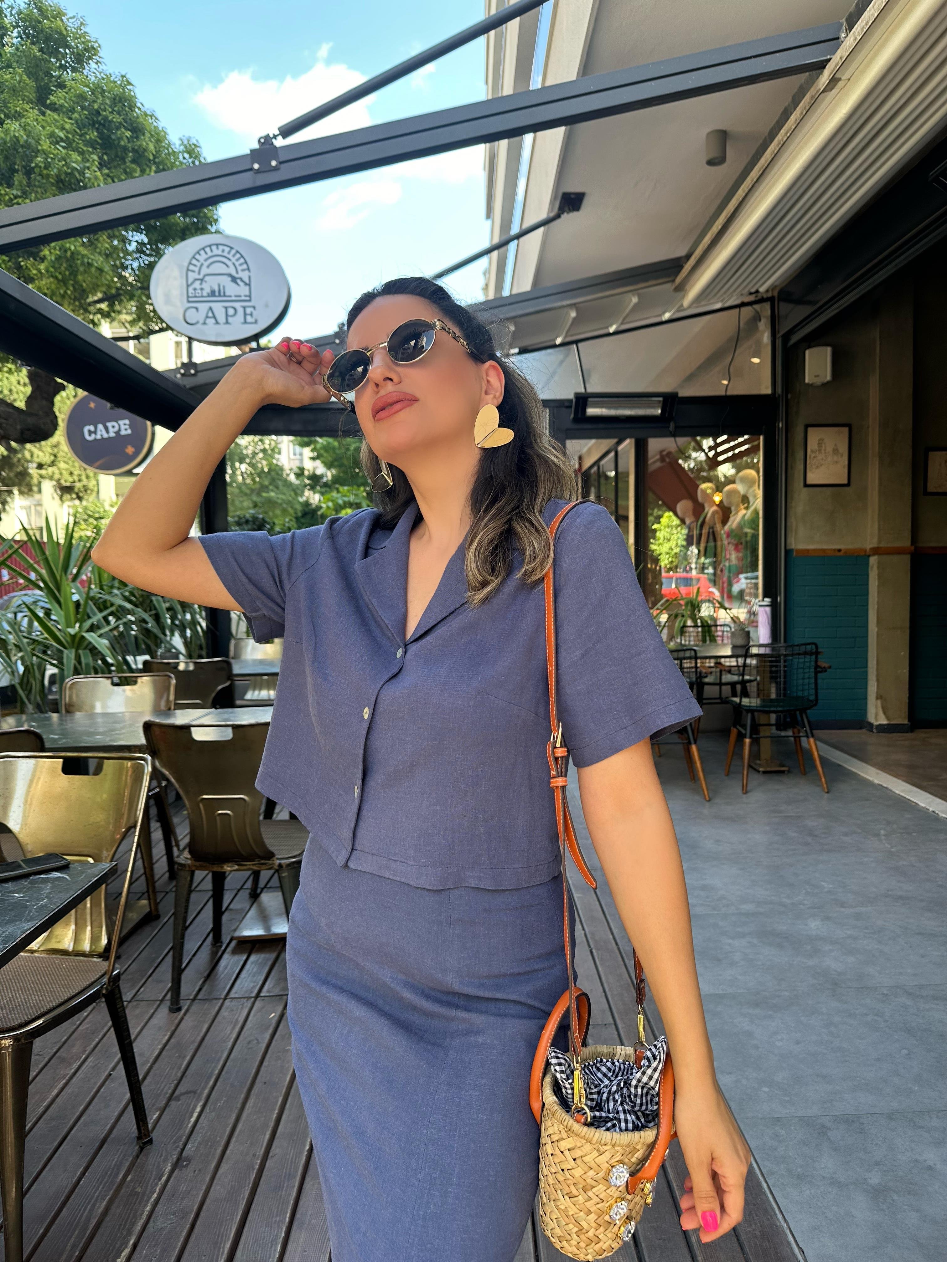 İndigo Mavi Yırtmaçlı Keten Etek Gömlek Takım