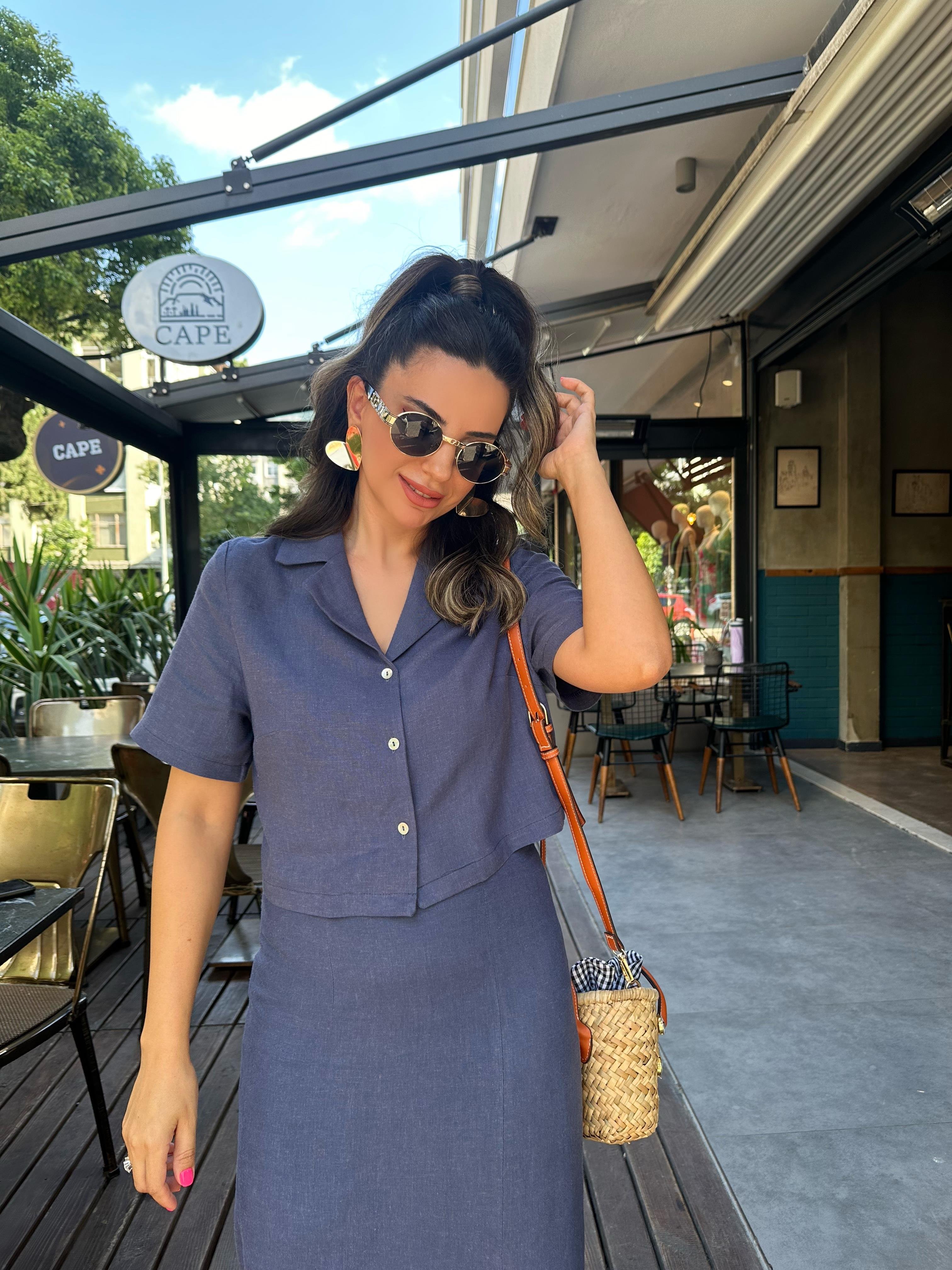 İndigo Mavi Yırtmaçlı Keten Etek Gömlek Takım