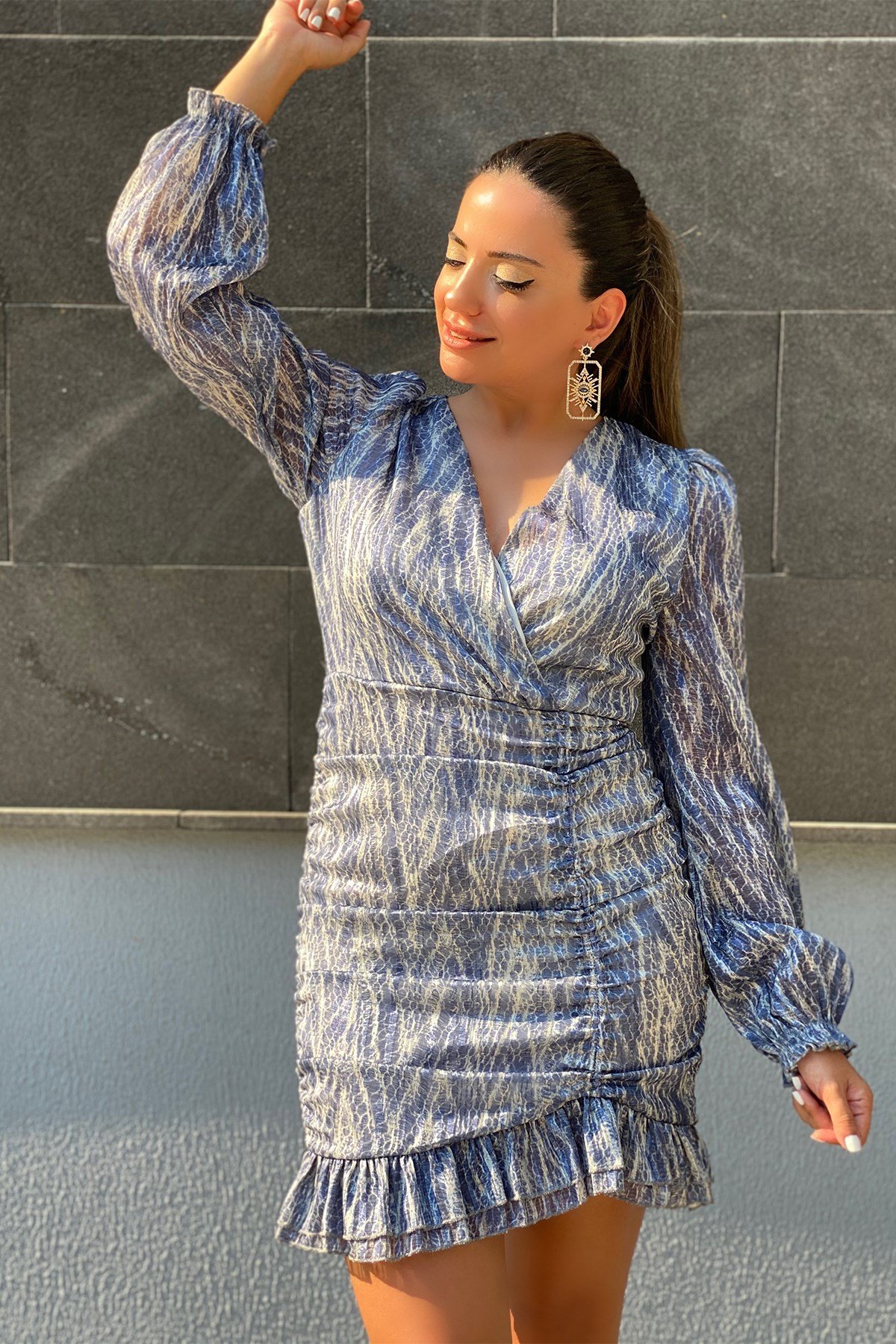 İndigo Simli Eteği Drape. Elbise