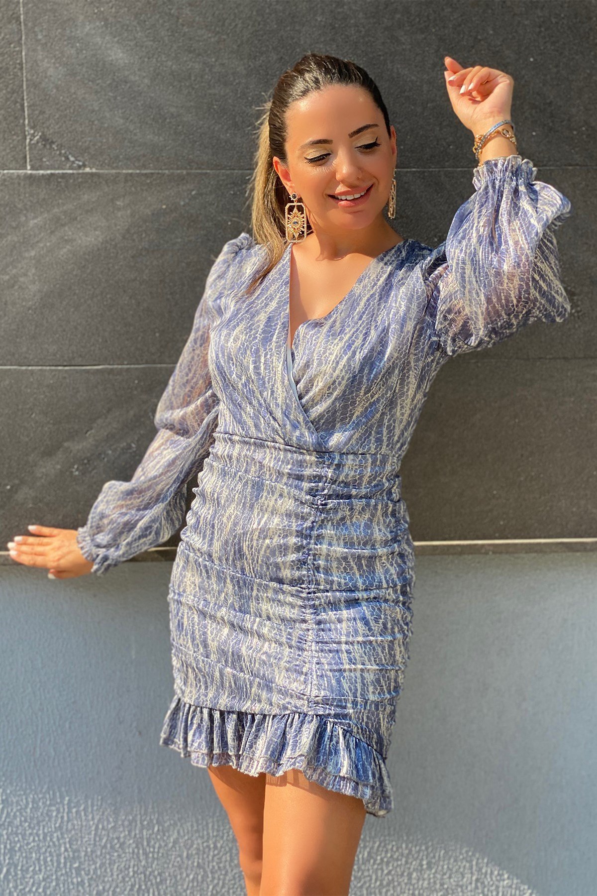 İndigo Simli Eteği Drape. Elbise