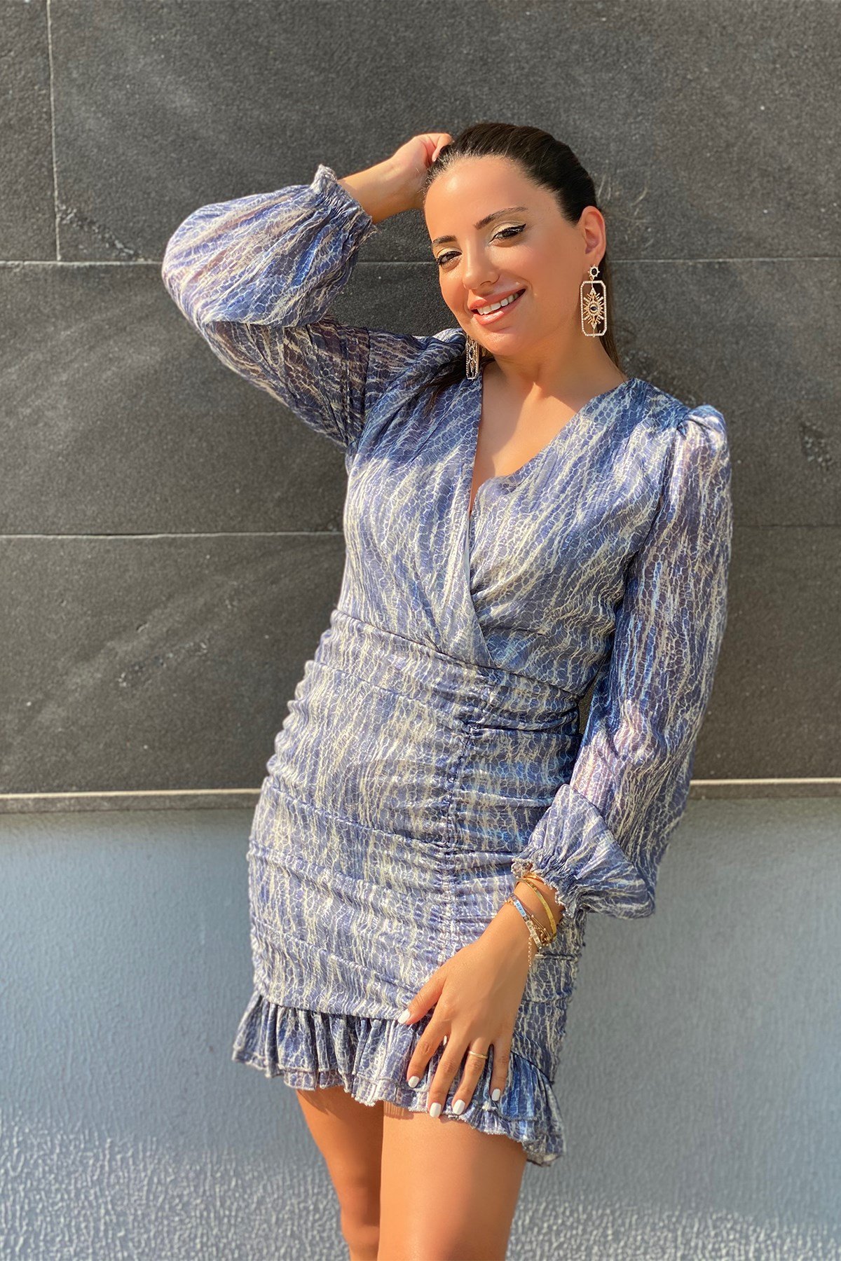 İndigo Simli Eteği Drape. Elbise