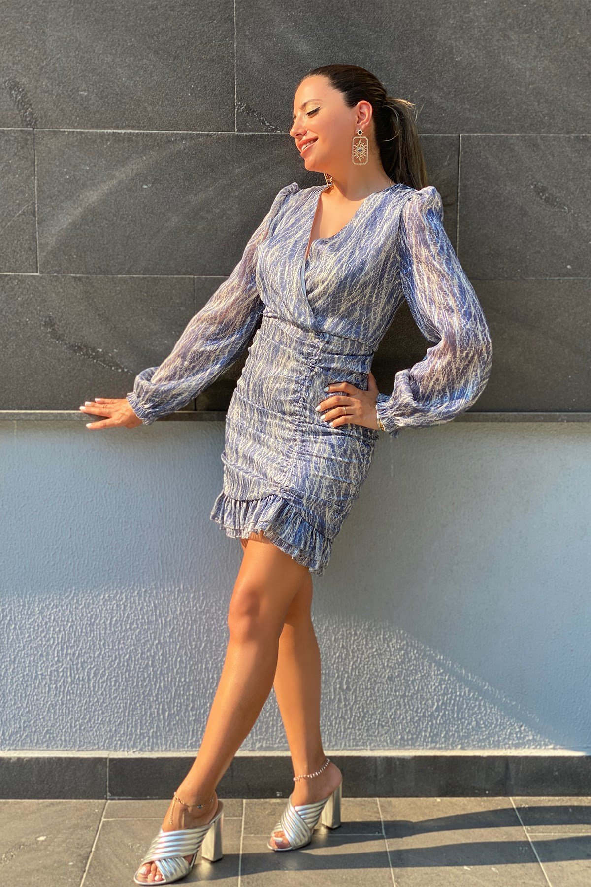 İndigo Simli Eteği Drape. Elbise