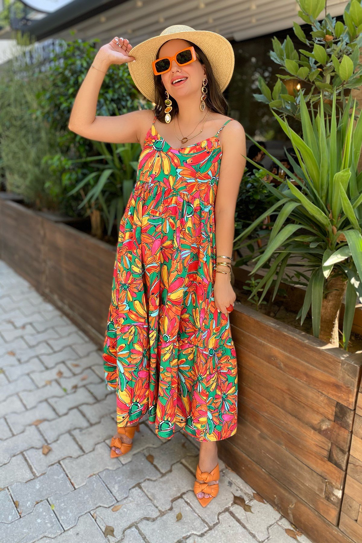 İp Askılı Desenli Poplin Elbise