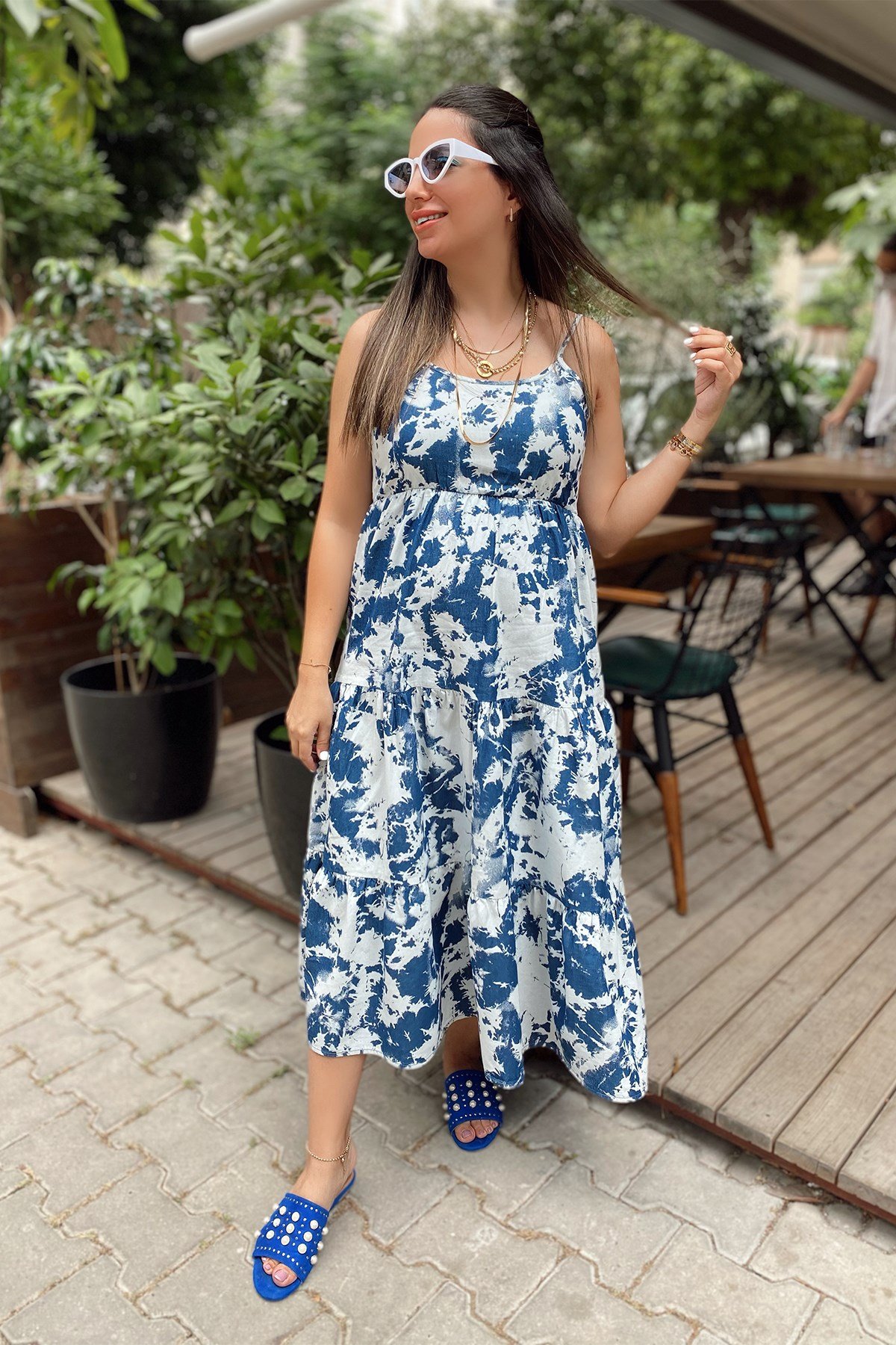 İp Askılı Koyu Mavi Batik Desen Elbise