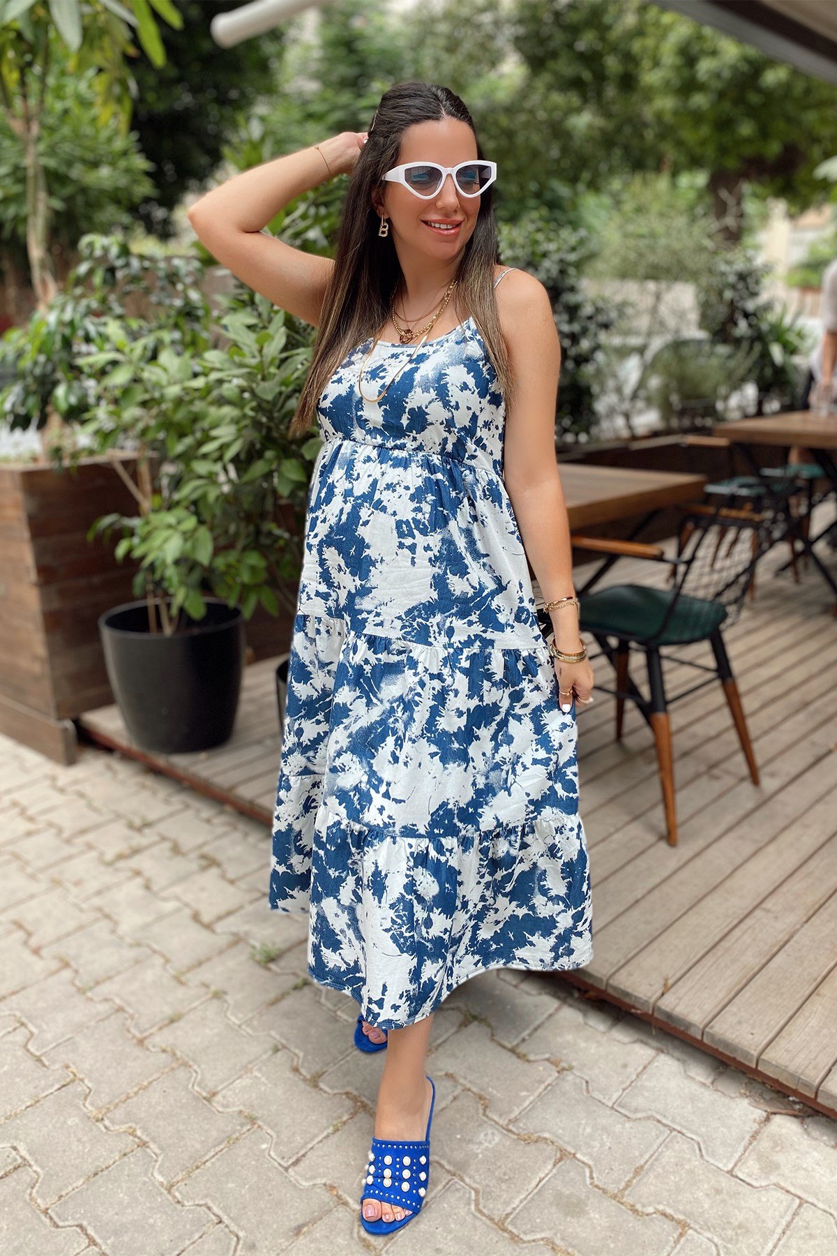 İp Askılı Koyu Mavi Batik Desen Elbise