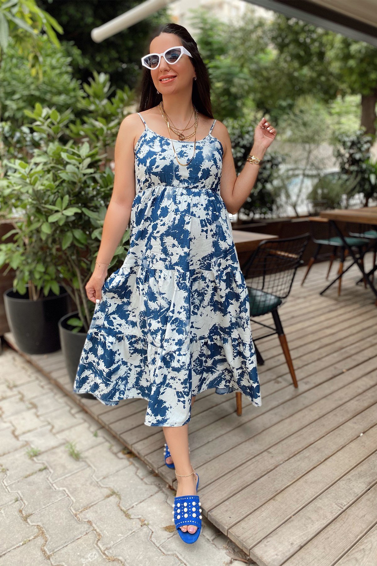 İp Askılı Koyu Mavi Batik Desen Elbise