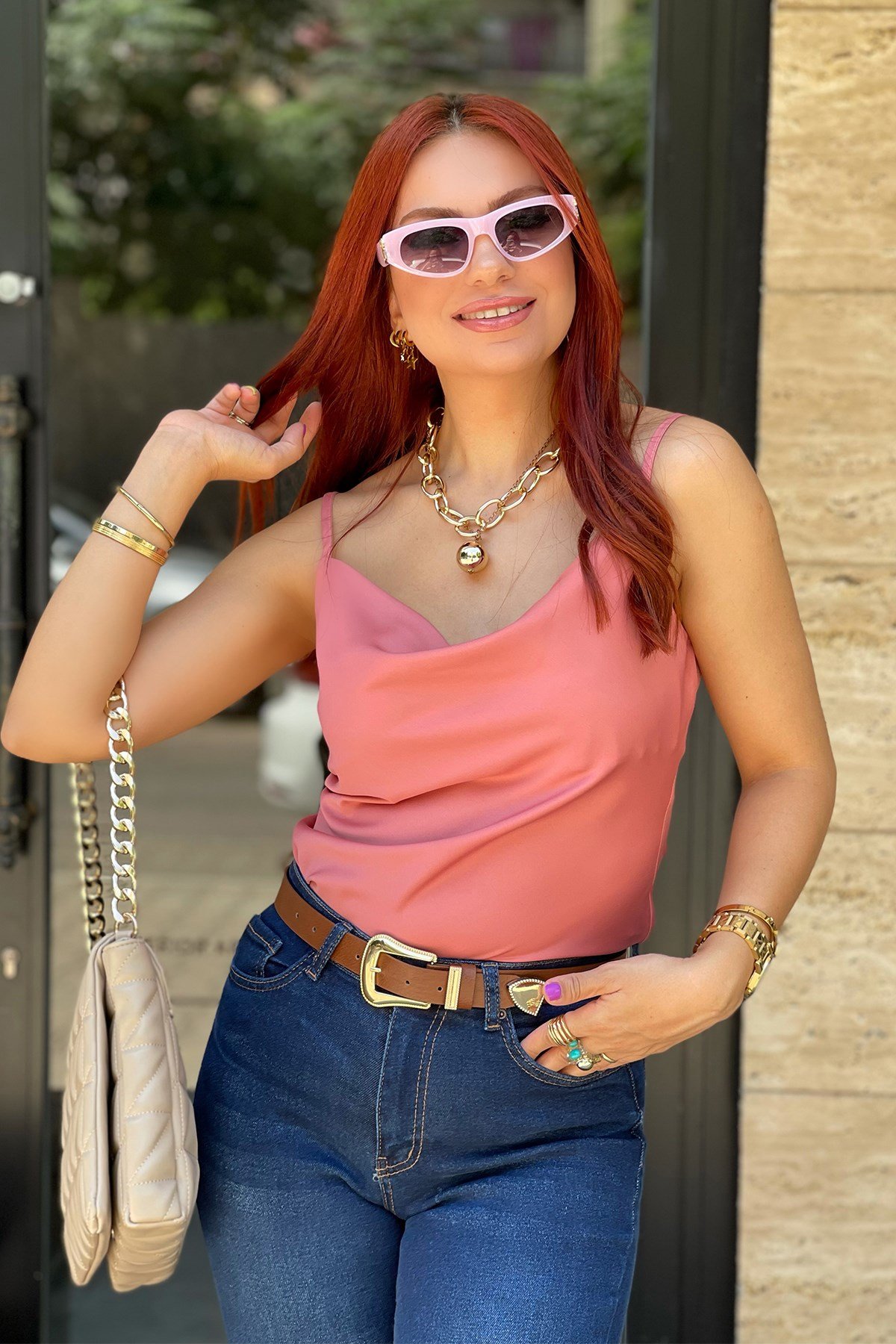 İp Askılı Pembe Degaje Yaka Bluz