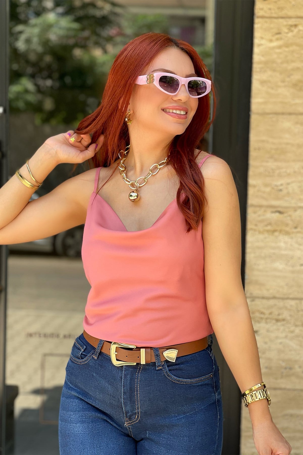 İp Askılı Pembe Degaje Yaka Bluz