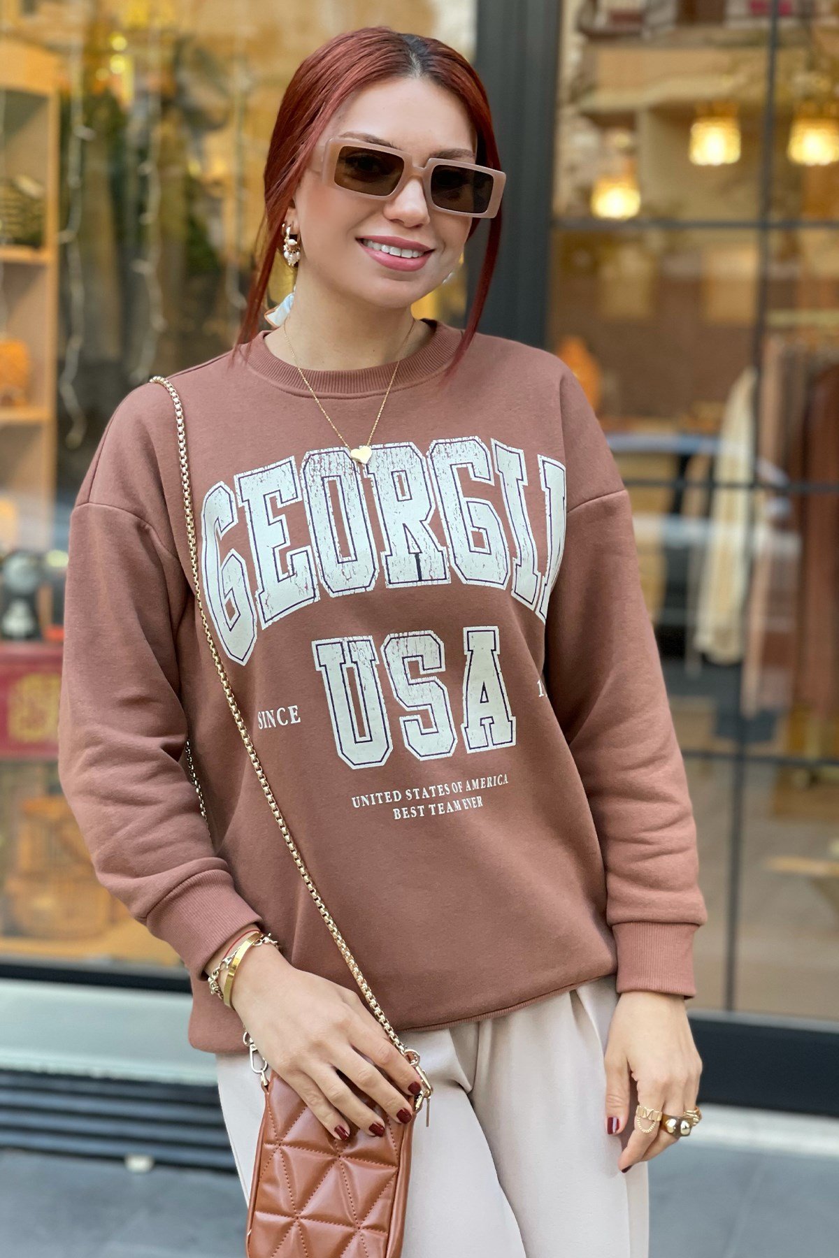 Kahve Baskılı Sweatshirt