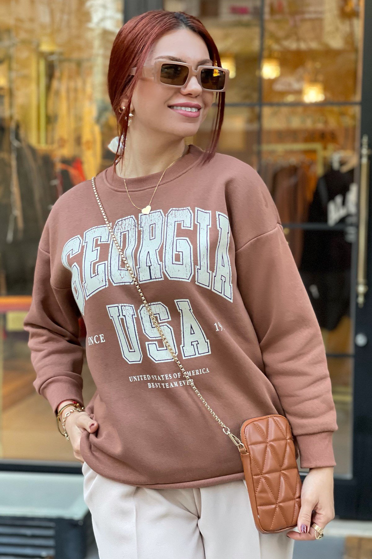 Kahve Baskılı Sweatshirt