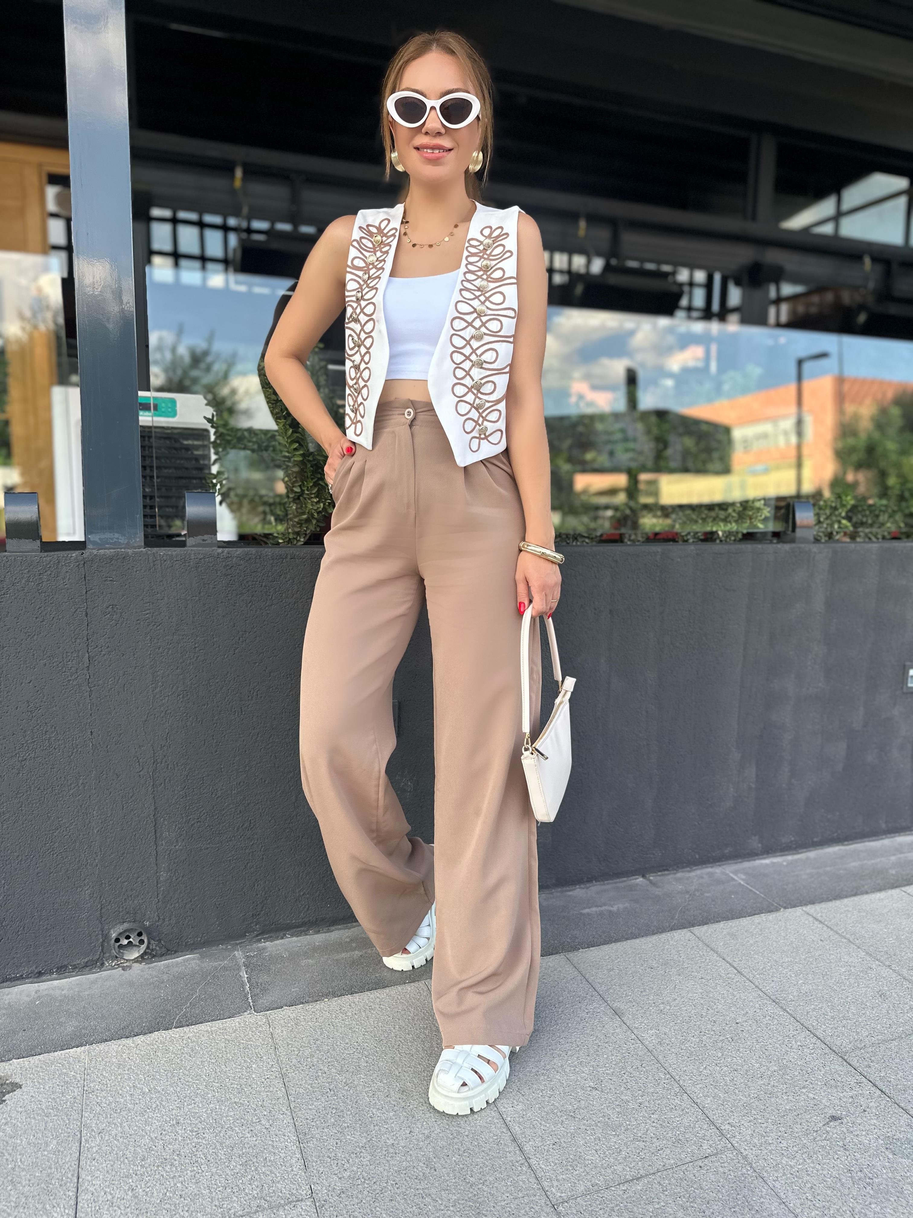 Kahve Çift Pliseli Palazzo Pantolon